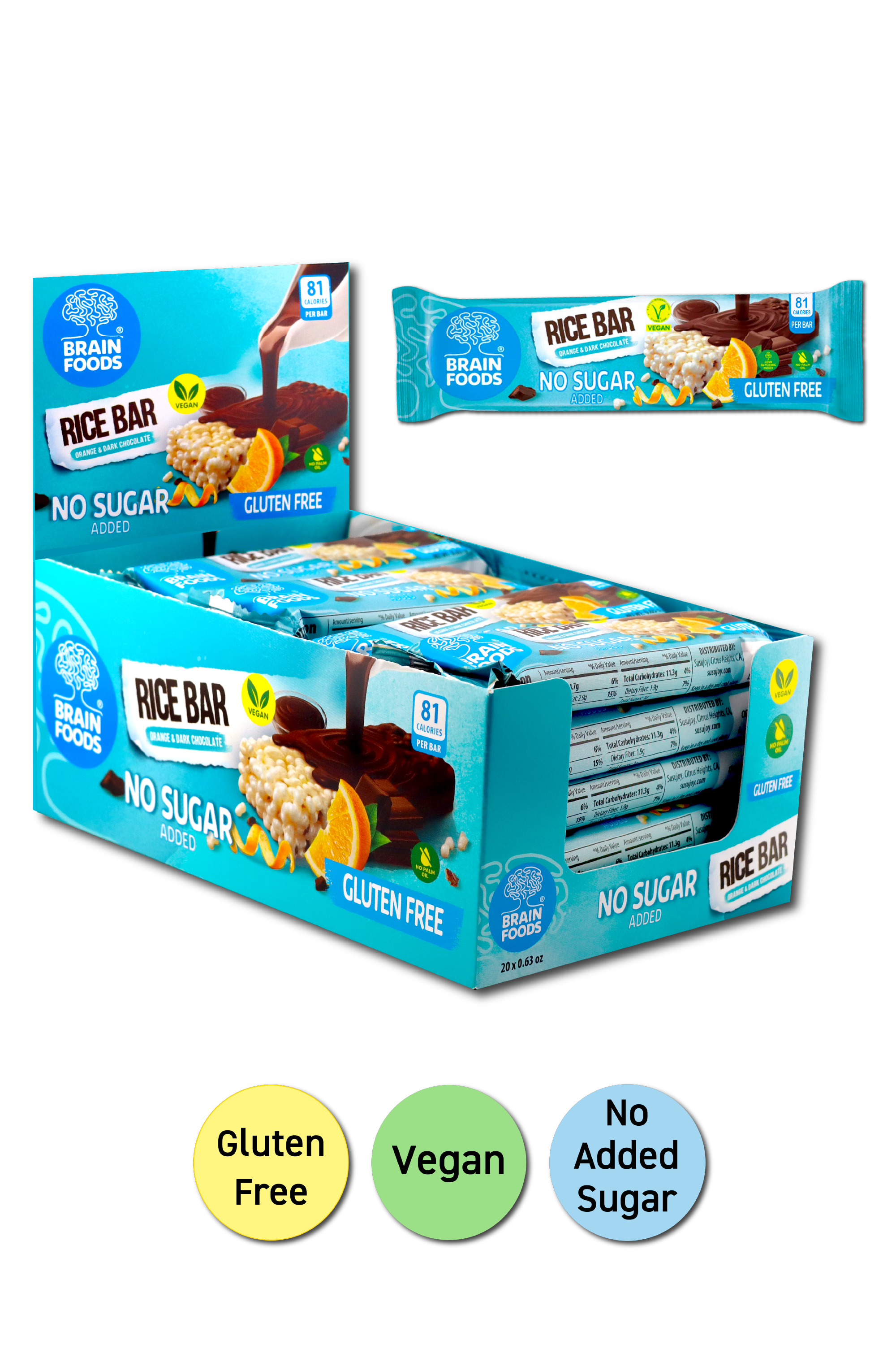 BRAIN FOODS Rice Bar - Orange & Dark Chocolate, Gluten Free, Vegan, No Sugar Added, Box of 20