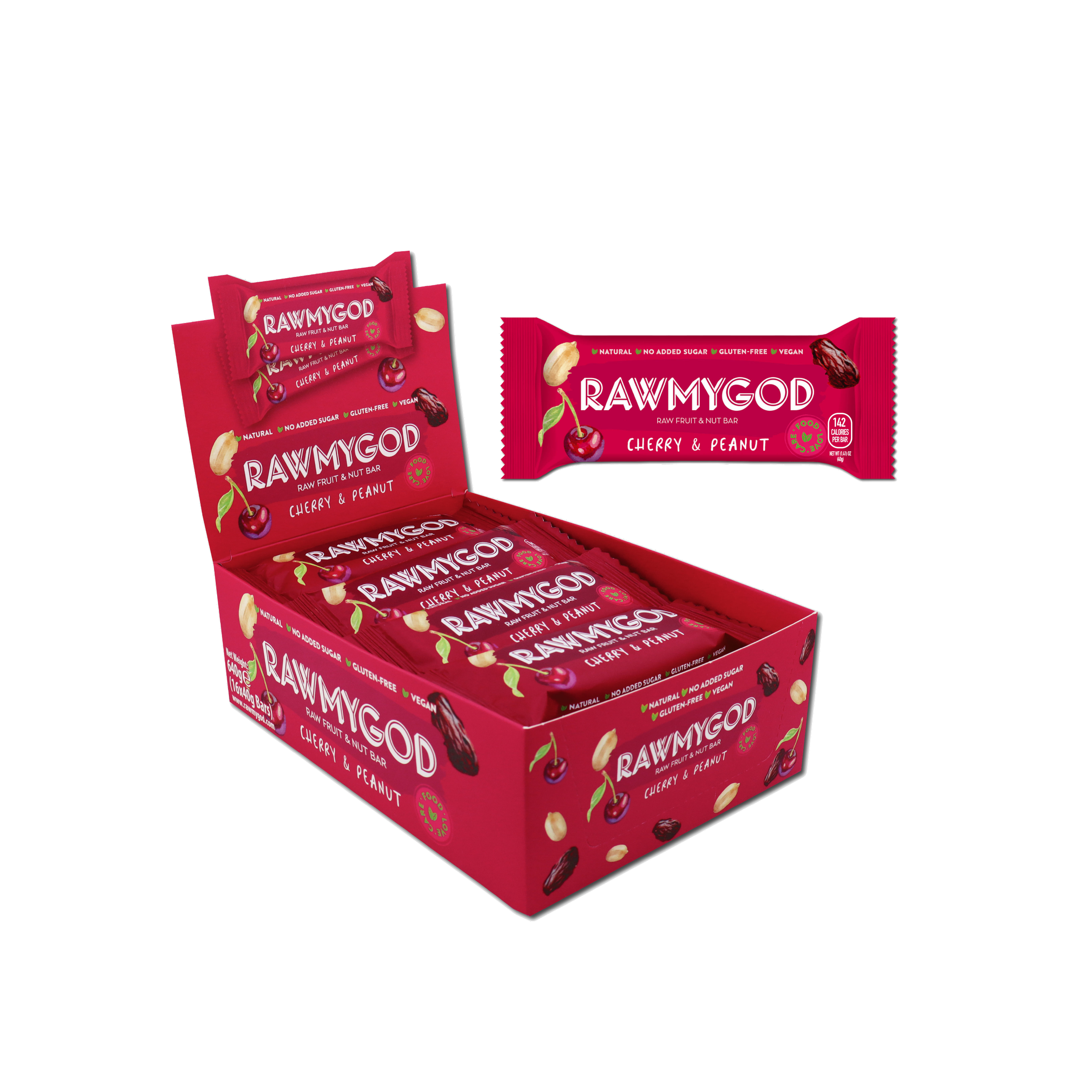 RAWMYGOD Cherry & Peanut Raw Fruit & Nut Bar, Box of 16