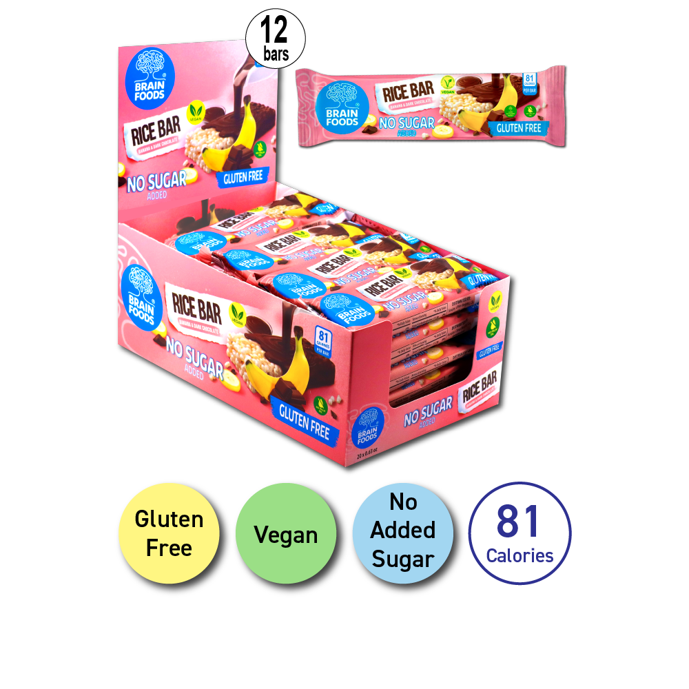 BRAIN FOODS Rice Bar - Banana & Dark Chocolate, Gluten Free, Vegan, No Sugar Added, Box of 20