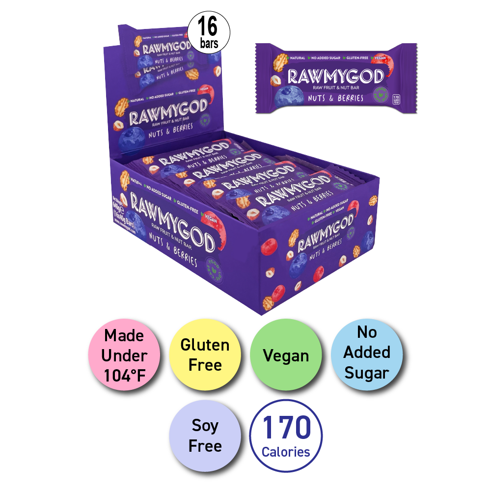 RAWMYGOD Nuts & Berries Raw Fruit & Nut Bar, Box of 16