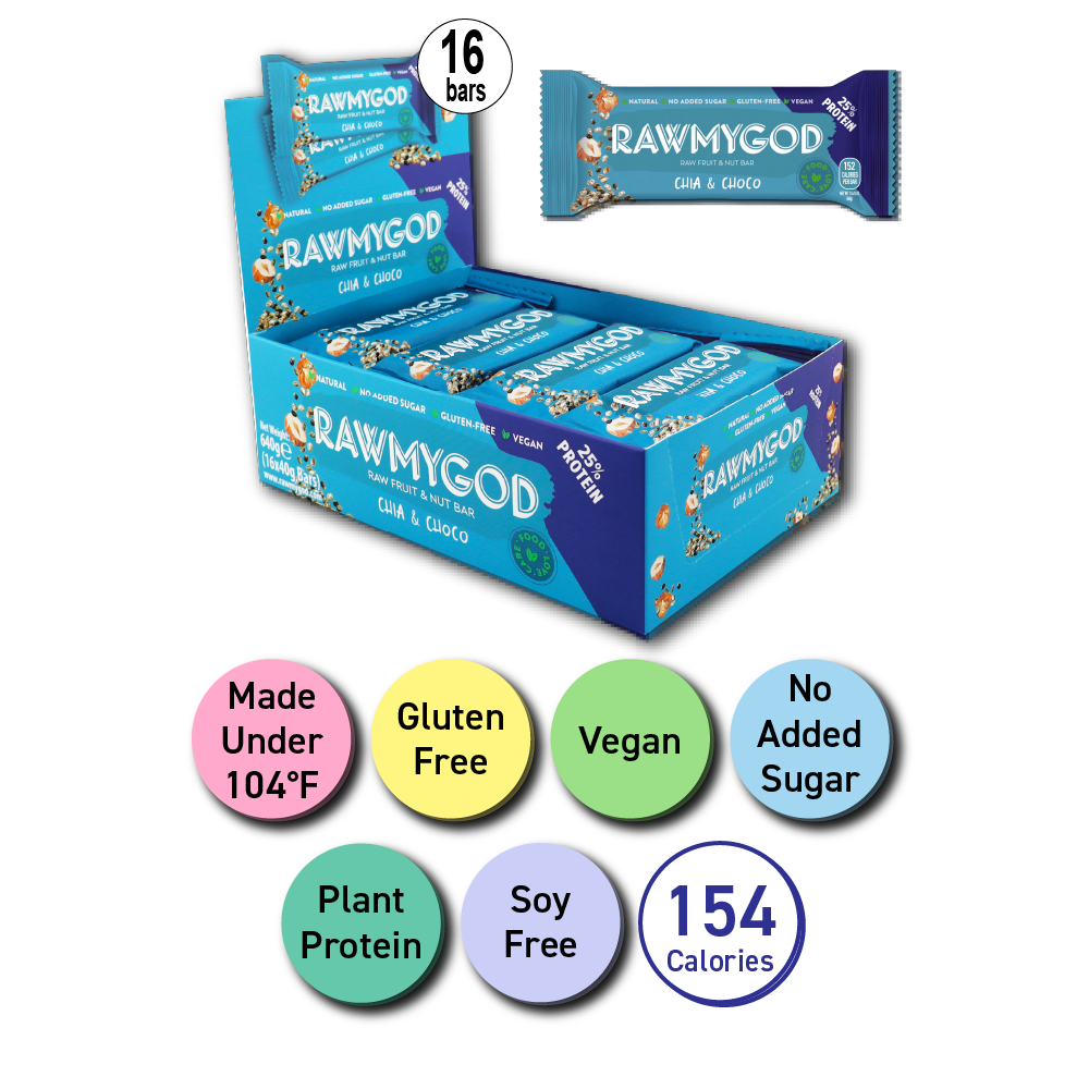 RAWMYGOD Chia & Choco Raw Fruit & Nut Bar, Box of 16