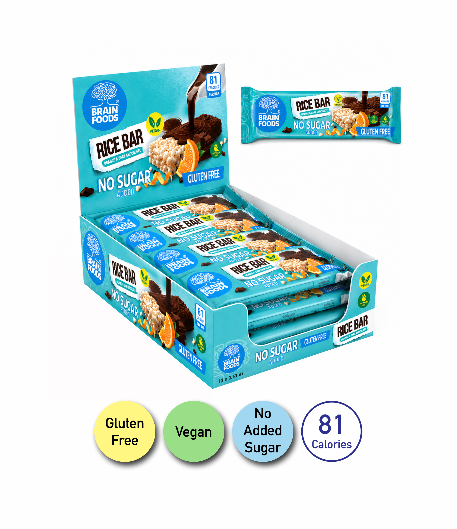 BRAIN FOODS Rice Bar - Orange & Dark Chocolate, Gluten Free, Vegan, No Sugar Added, Box of 12