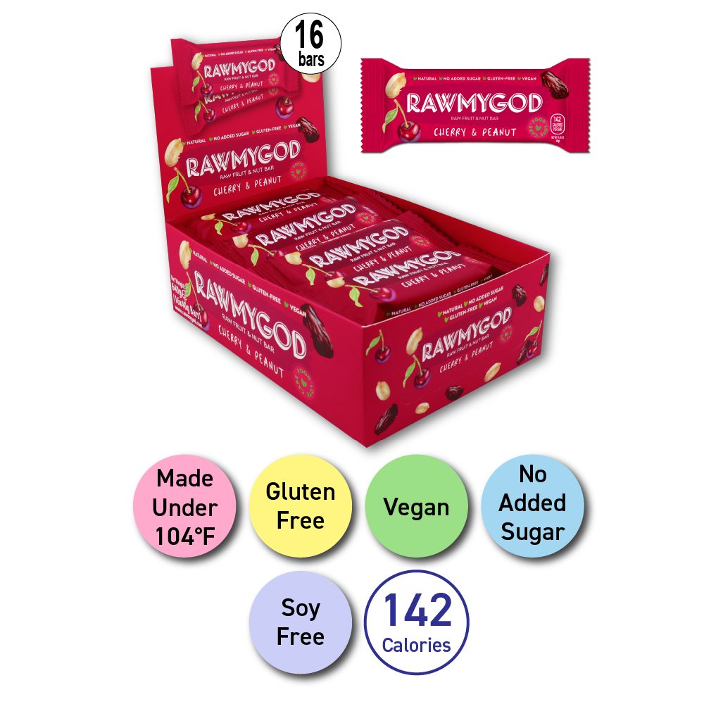 RAWMYGOD Cherry & Peanut Raw Fruit & Nut Bar, Box of 16