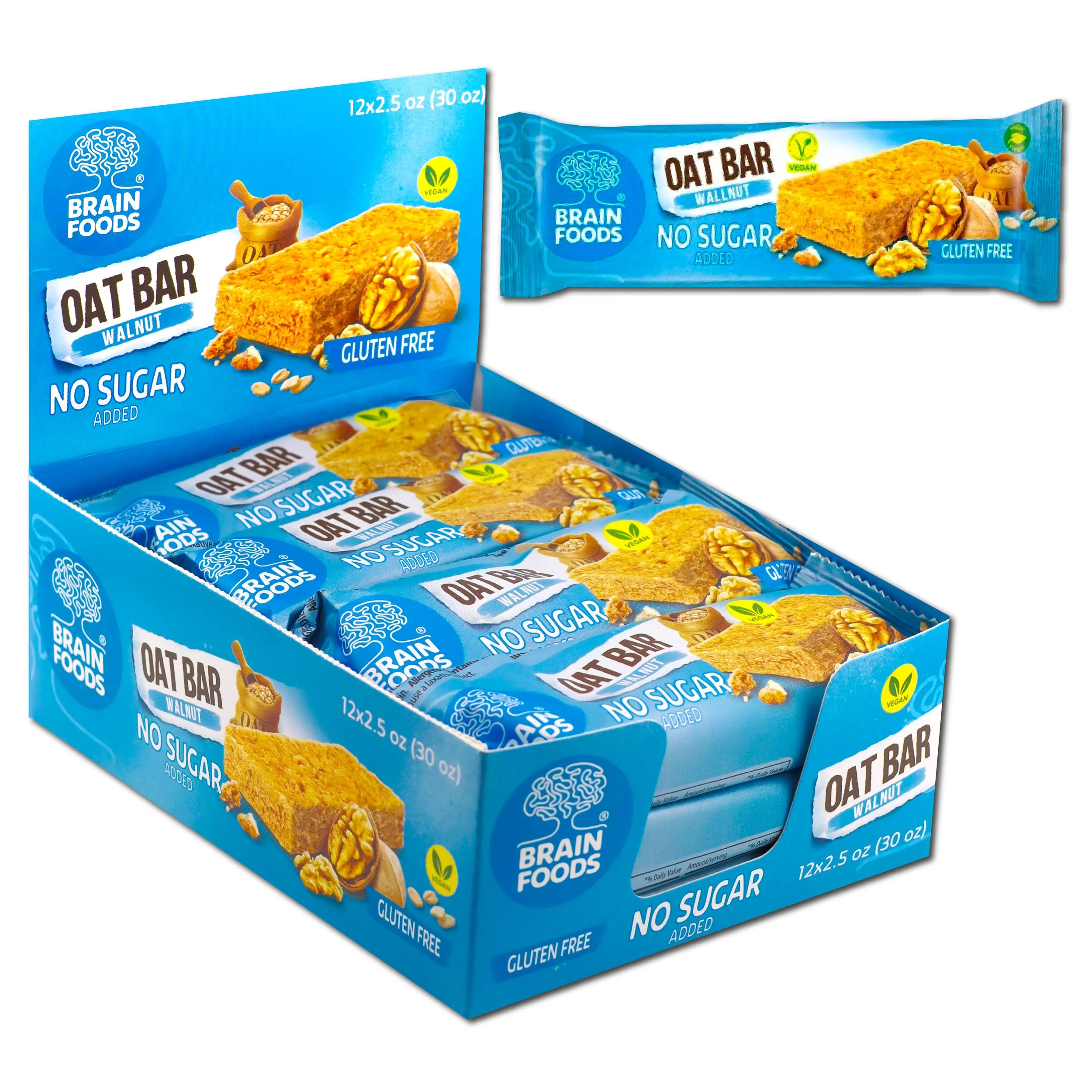 BRAIN FOODS Oat Bar - Walnut, Gluten Free, Vegan, No Sugar Added, Box of 12