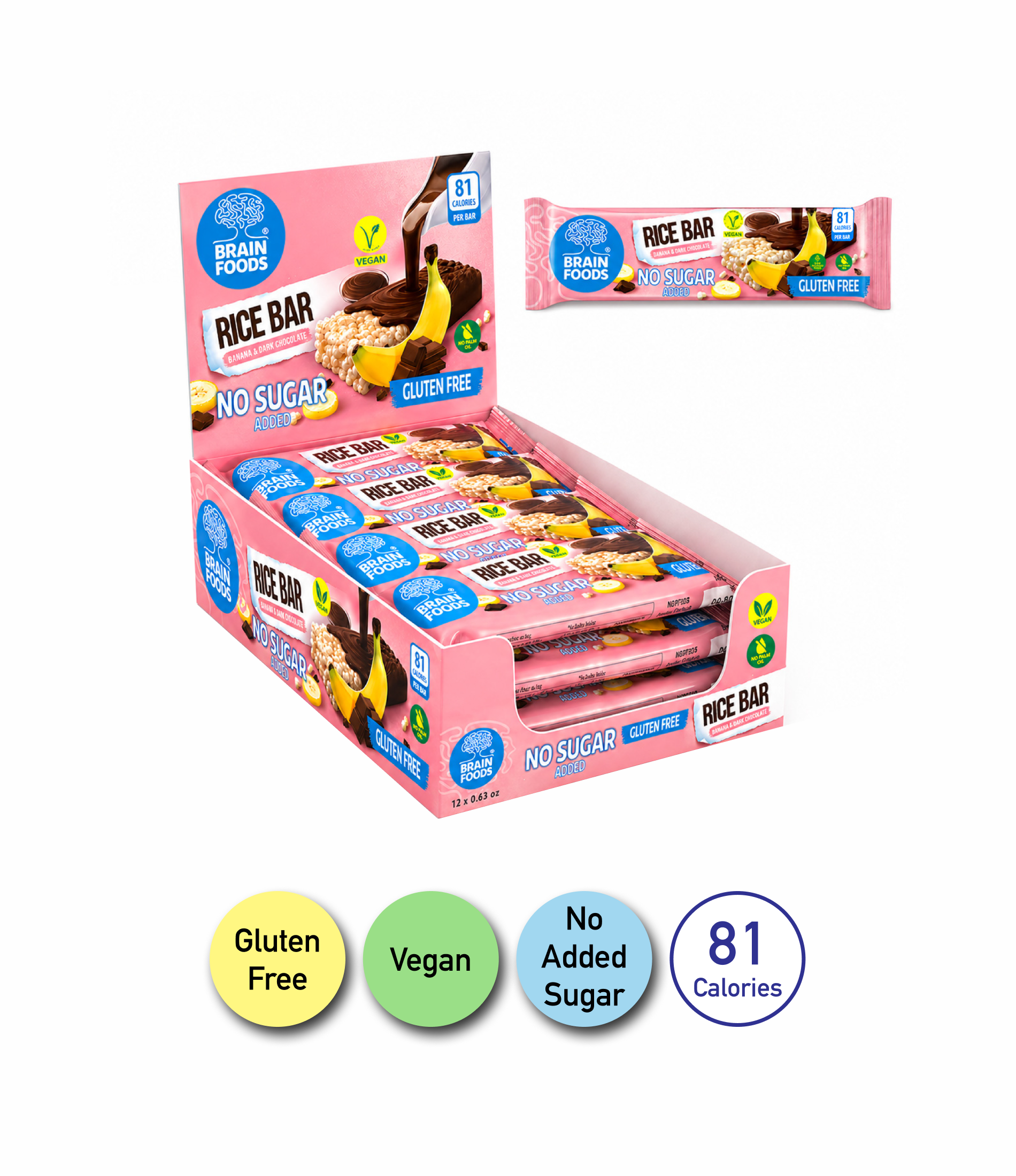 BRAIN FOODS Rice Bar - Banana & Dark Chocolate, Gluten Free, Vegan, No Sugar Added, Box of 12