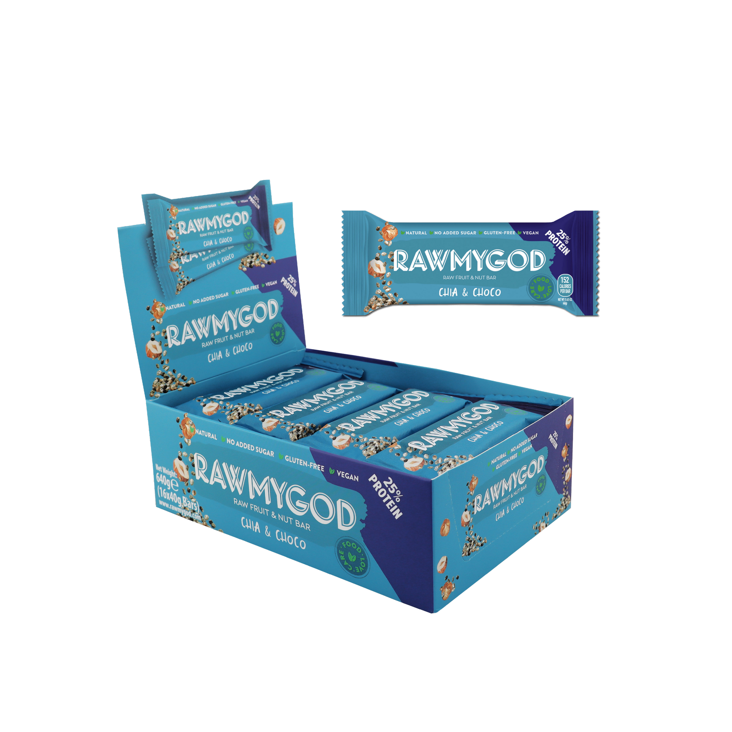 RAWMYGOD Chia & Choco Raw Fruit & Nut Bar, Box of 16