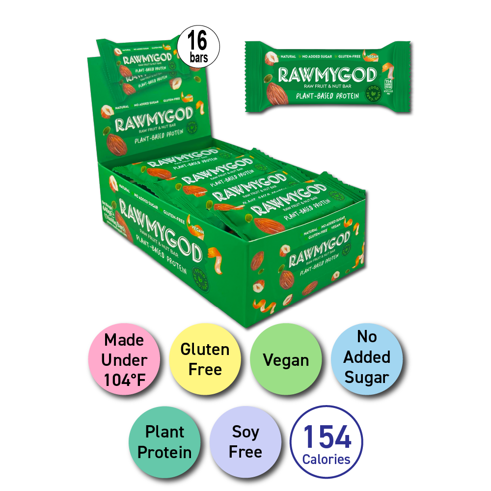 RAWMYGOD Plant-Based Protein Raw Fruit & Nut Bar, Box of 16