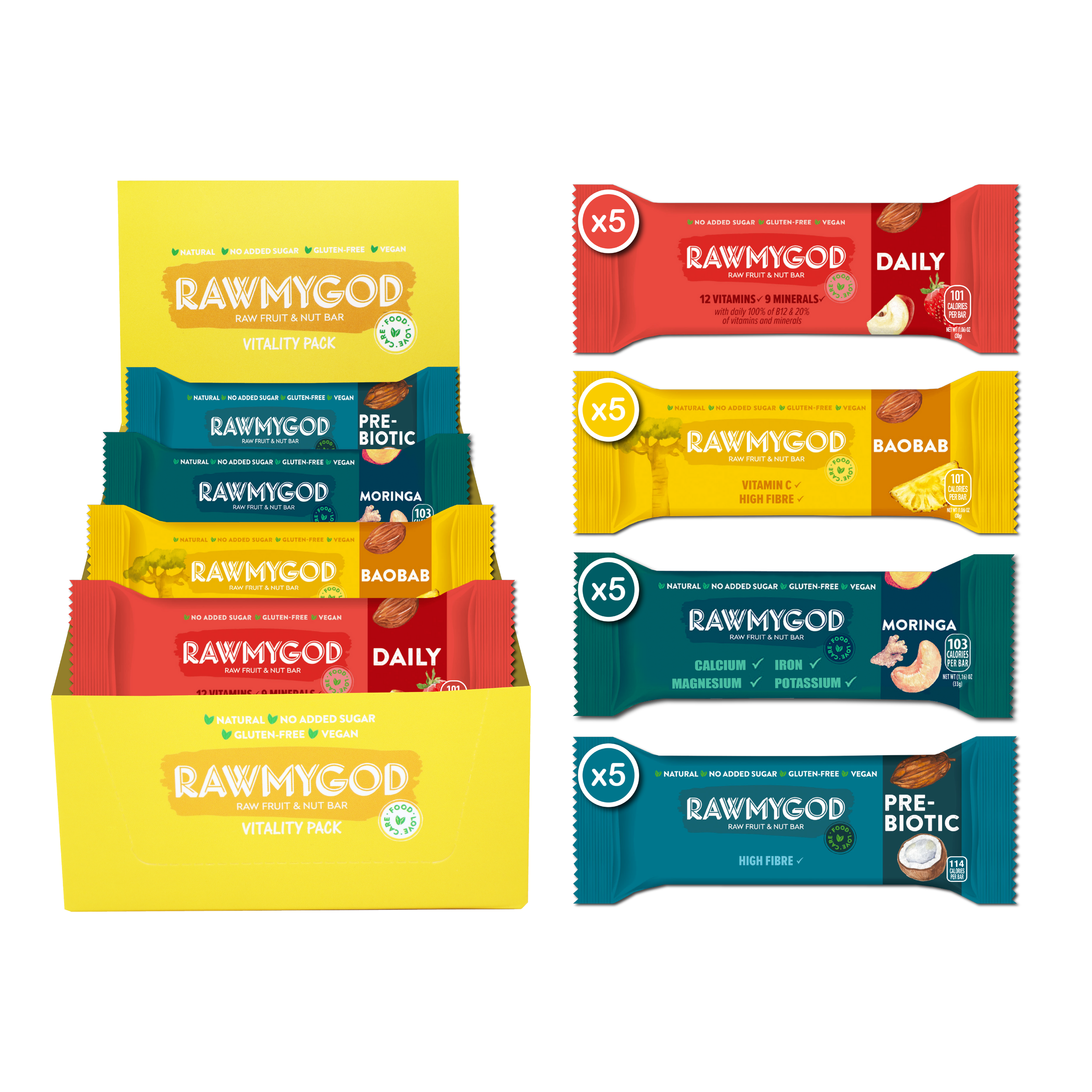 RAWMYGOD Vitality Pack - 5 Prebiotic, 5 Moringa, 5 Baobab, 5 Daily - 20 pack
