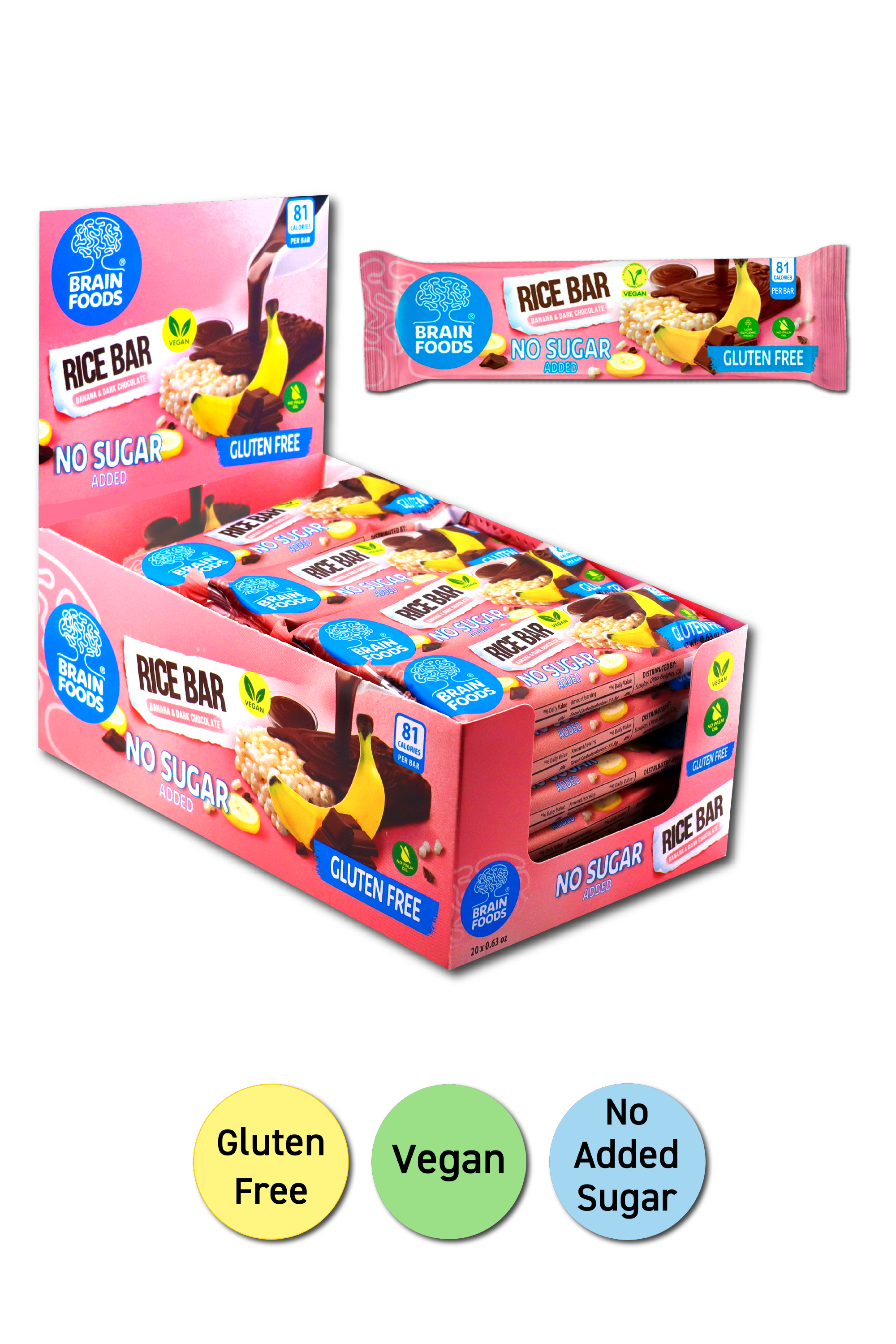 BRAIN FOODS Rice Bar - Banana & Dark Chocolate, Gluten Free, Vegan, No Sugar Added, Box of 20
