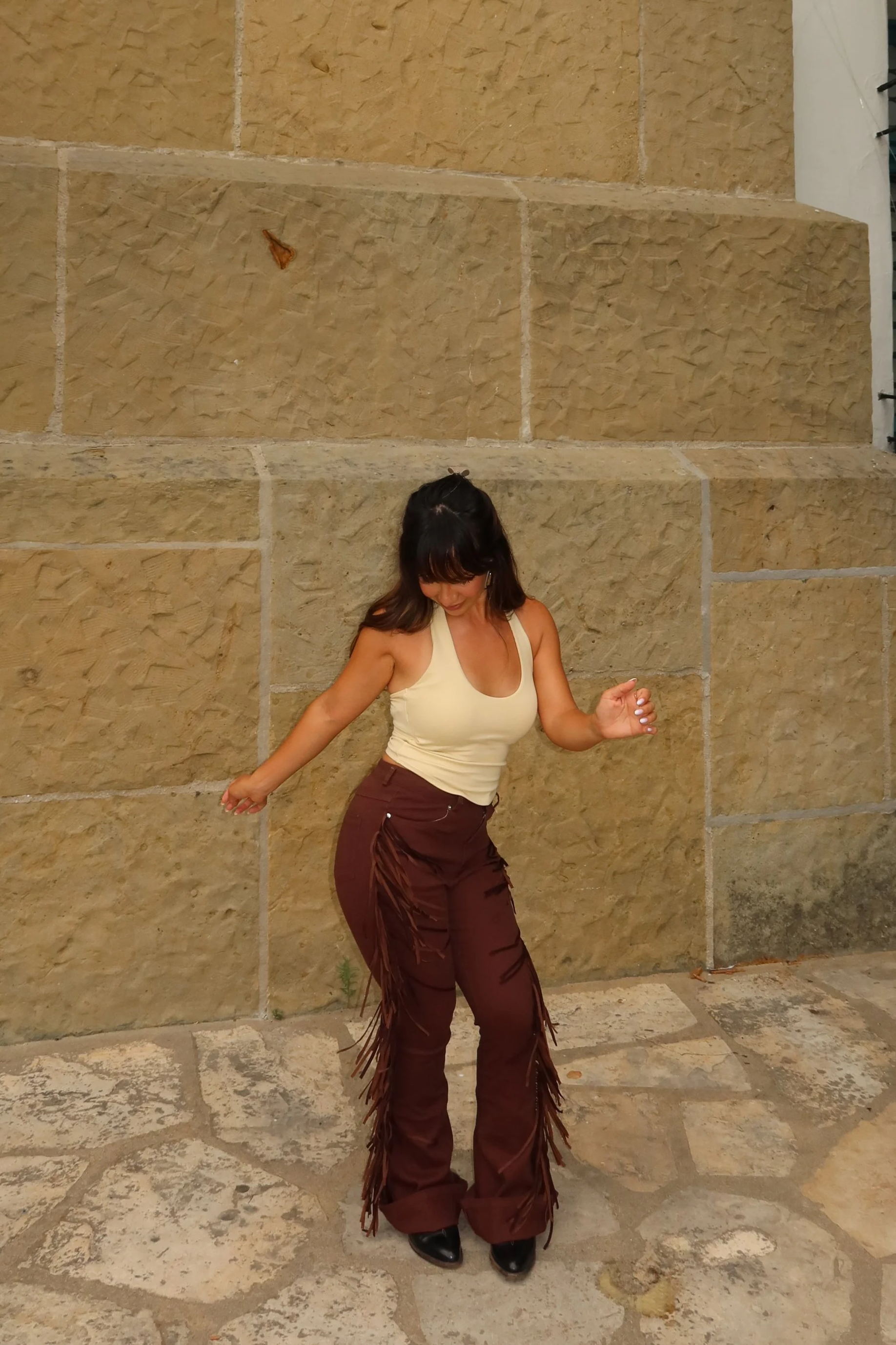 Brown Side Fringe Bootcut Pants
