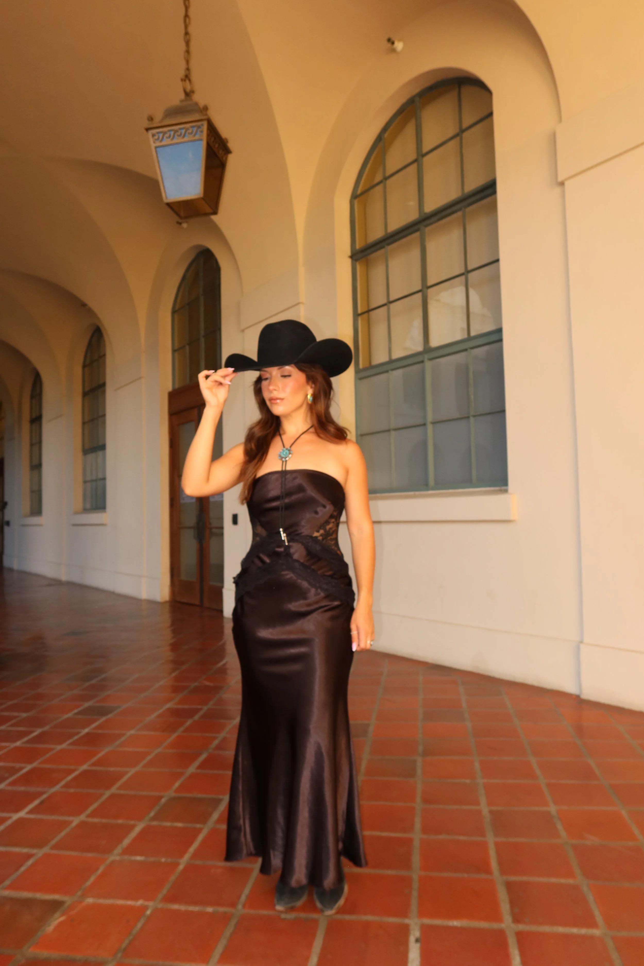Western Strapless Lace Maxi Dress - Black