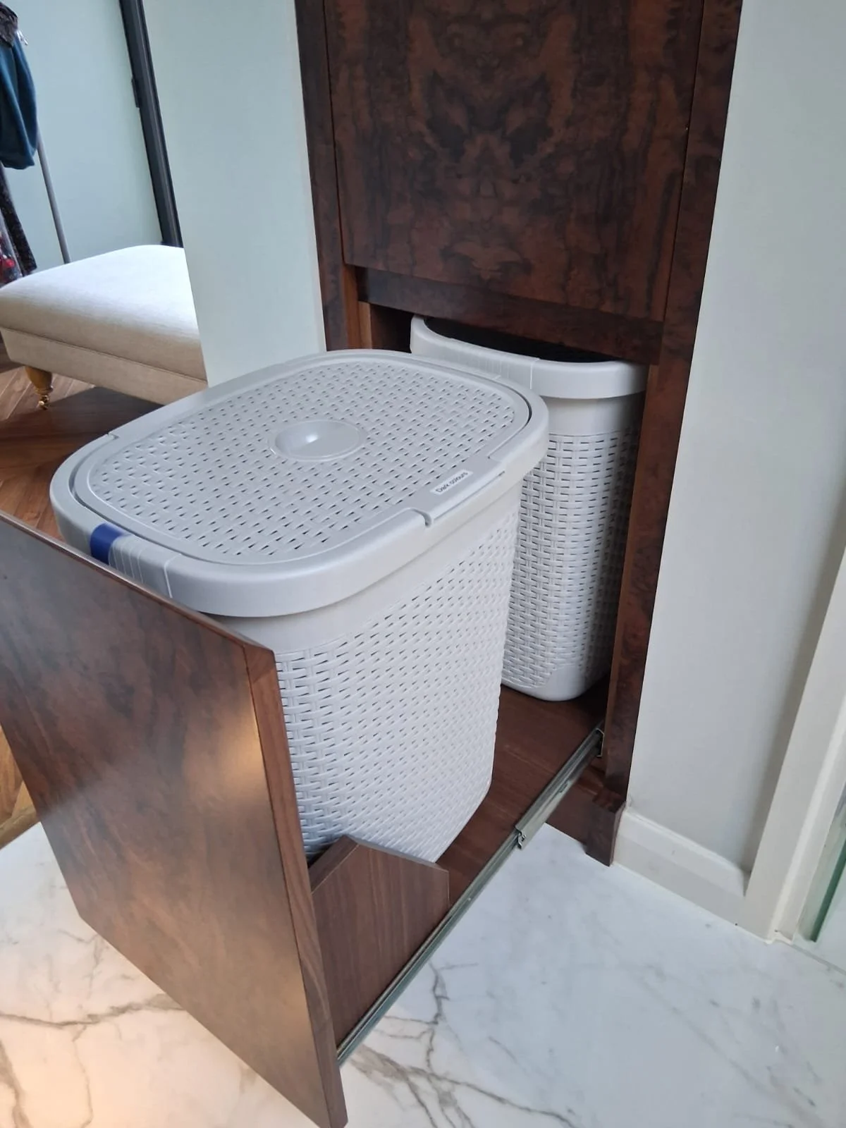 Walnut Veneer Pull Out Laundry Bins