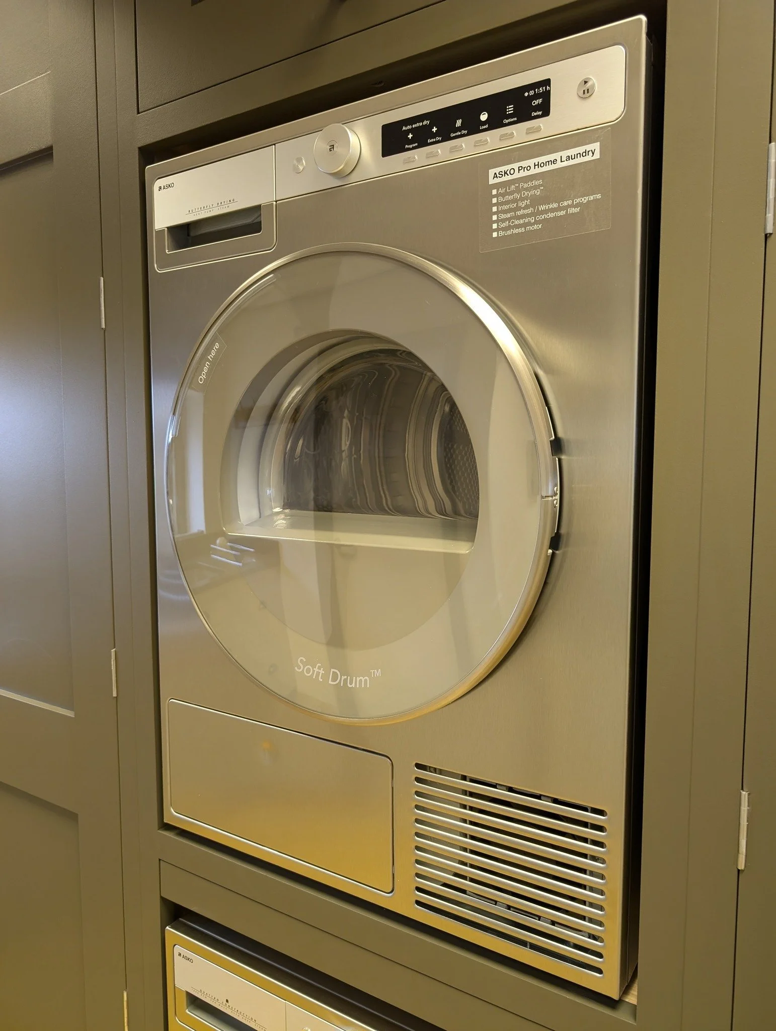 Showroom Display - Washer & Dryer stack with pull out laundry basket shelf (Asko washing machine & dryer)