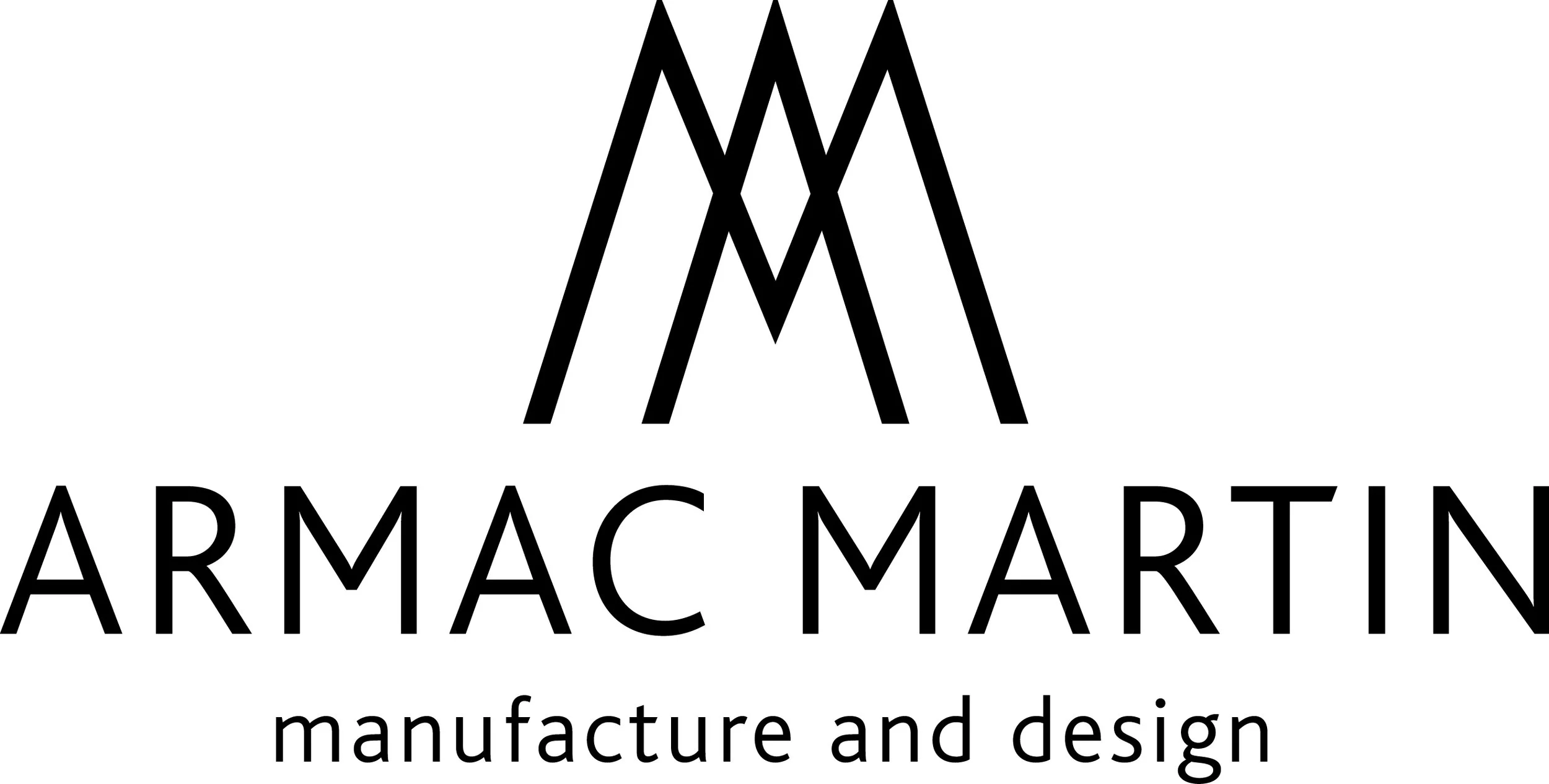 Black geometric logo resembling an abstract letter M or mountain peaks above the text 'ARMAC MARTIN' and the tagline 'manufacture and design' on a white background.