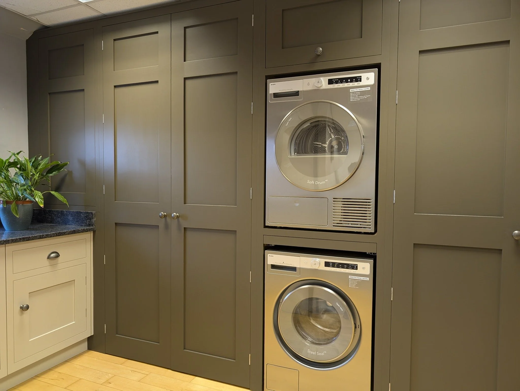Showroom Display - Washer & Dryer stack with pull out laundry basket shelf (Asko washing machine & dryer)