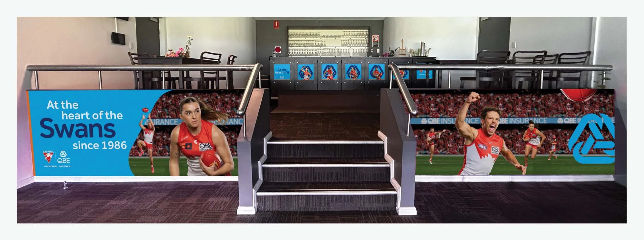 SUITE 301 Bar counter signage and side of steps