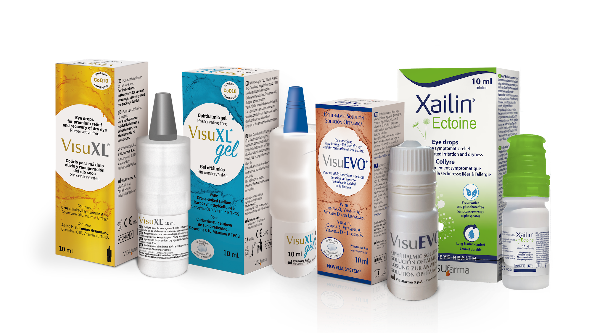 Collection of eye drops and ophthalmic solutions in boxes and bottles, including VisuXL gel, VisuEVO solution, and Xailin Ectoine, used for dry and irritated eyes.