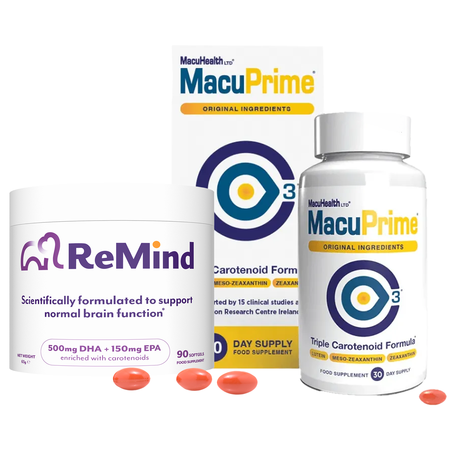 Supplements including MacuPrime eye health capsules and ReMind support brain function tablets with capsules on a black background.