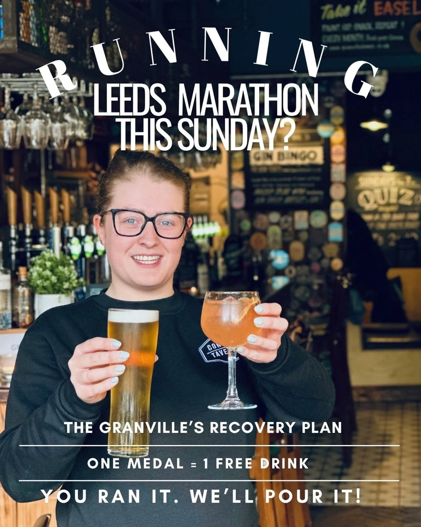 🏃🍺 THE GRANVILLE&rsquo;S RECOVERY PLAN 🍸🏅

Running the Leeds Marathon this Sunday?

First of all&hellip; good luck. You&rsquo;re far braver than us 😅

Secondly &hellip; once you&rsquo;ve conquered the 26.2 miles, bring your medal into Granvilles