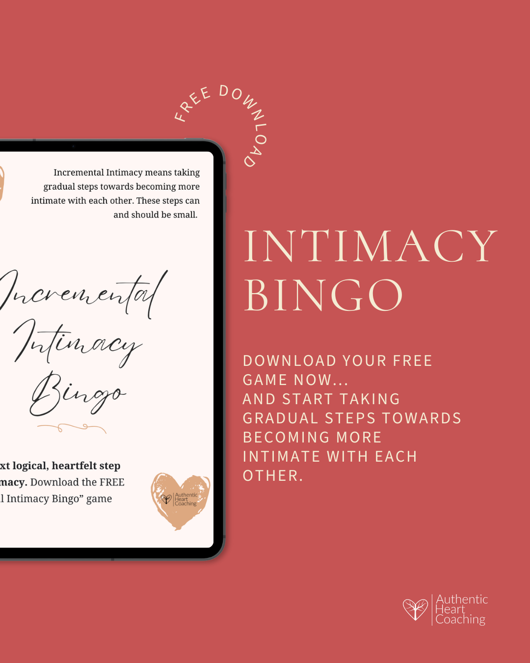 This free, downloadable & printable “Bingo” game, can be played like Bingo, or used as a guide for intimacy ideas.