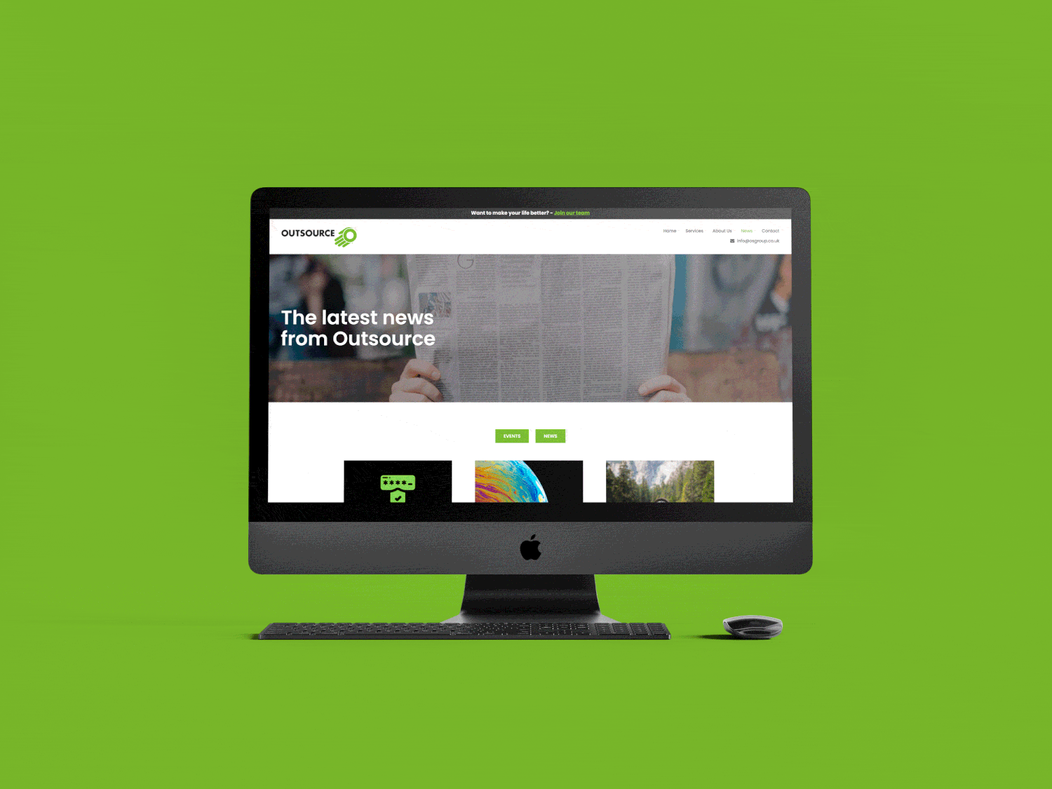 An apple iMac computer displaying the homepage of a website called Outsource, on a green background with a keyboard and mouse in front.