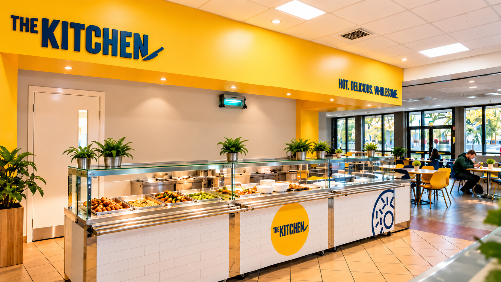 Buffet station at a restaurant called The Kitchen, with salad and food trays, potted plants, and customers dining near large windows.