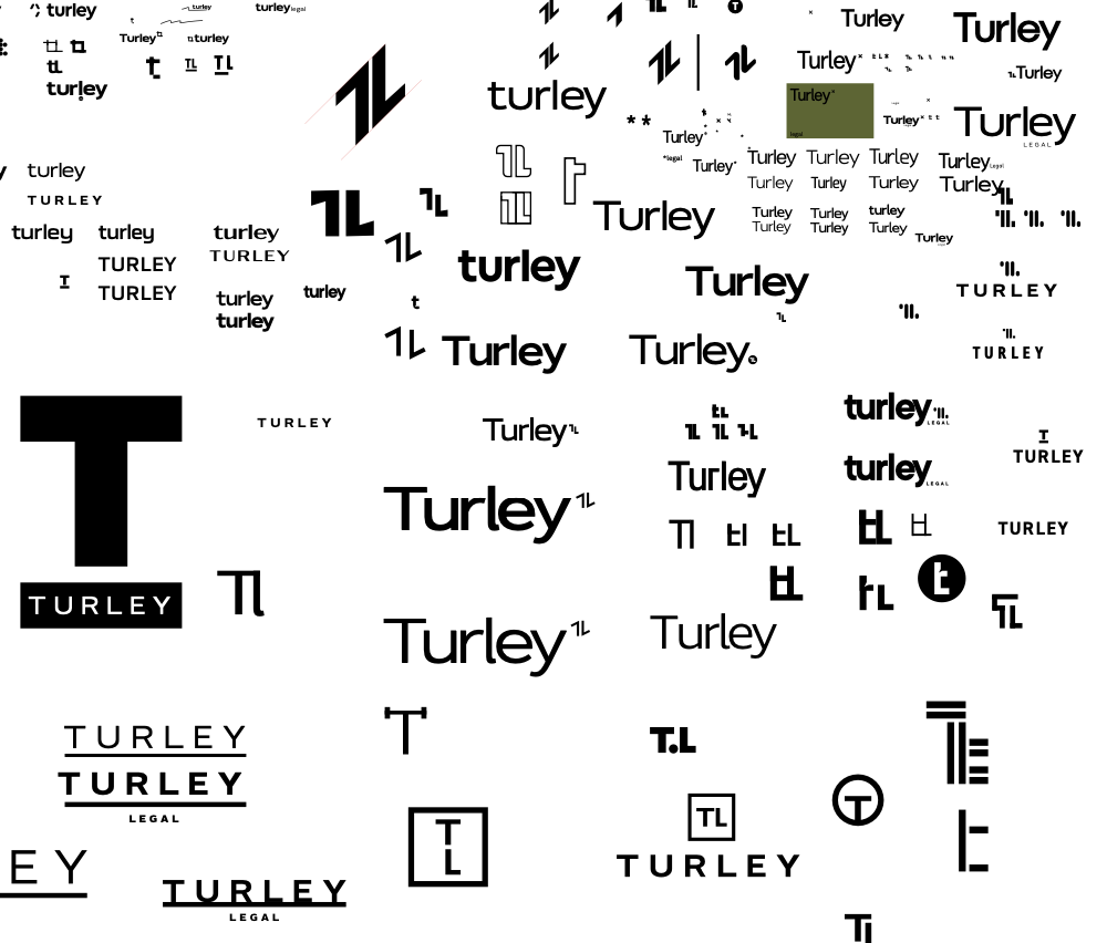 A collage of multiple variations of the logo and wordmark for the brand 'Turley,' including stylized text, icons, and labels in black and white, with some instances in green.