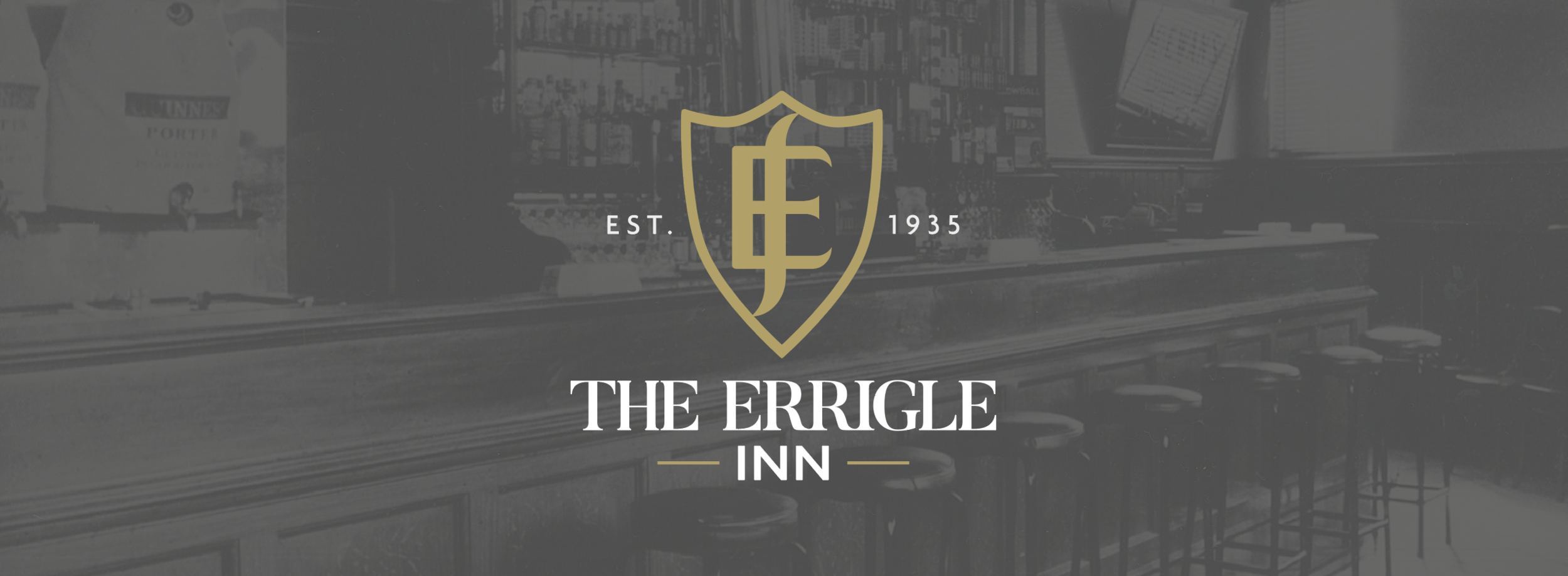 A logo featuring a shield with the initials 'TE' inside, alongside the text 'EST. 1935' and 'THE ERRIGLE INN' on a dark background with a bar or pub interior.