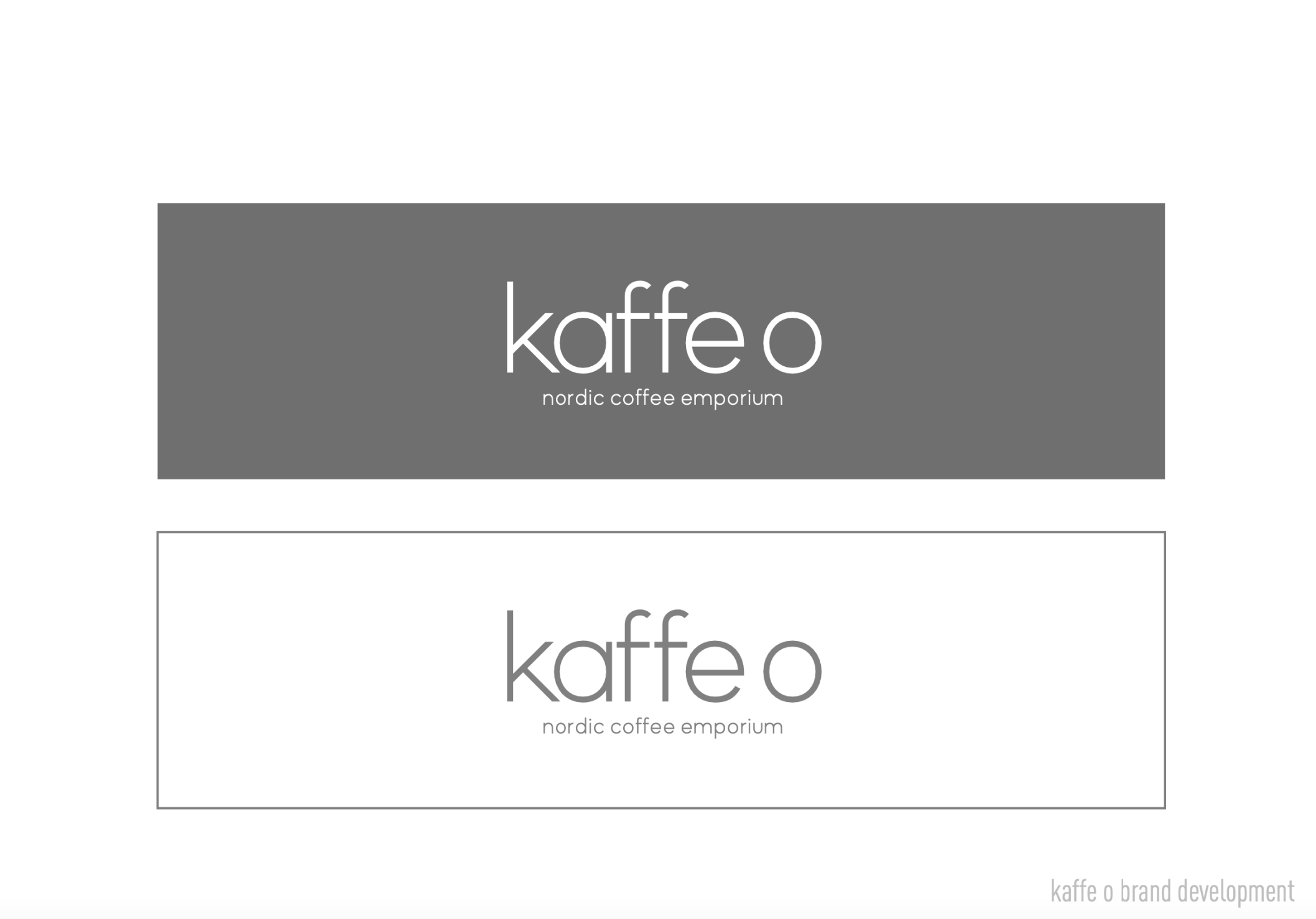 Two logo designs for Kaffe o, a Nordic coffee emporium, with the text 'kaffe o' and 'nordic coffee emporium,' one on a gray background and one on a white background.