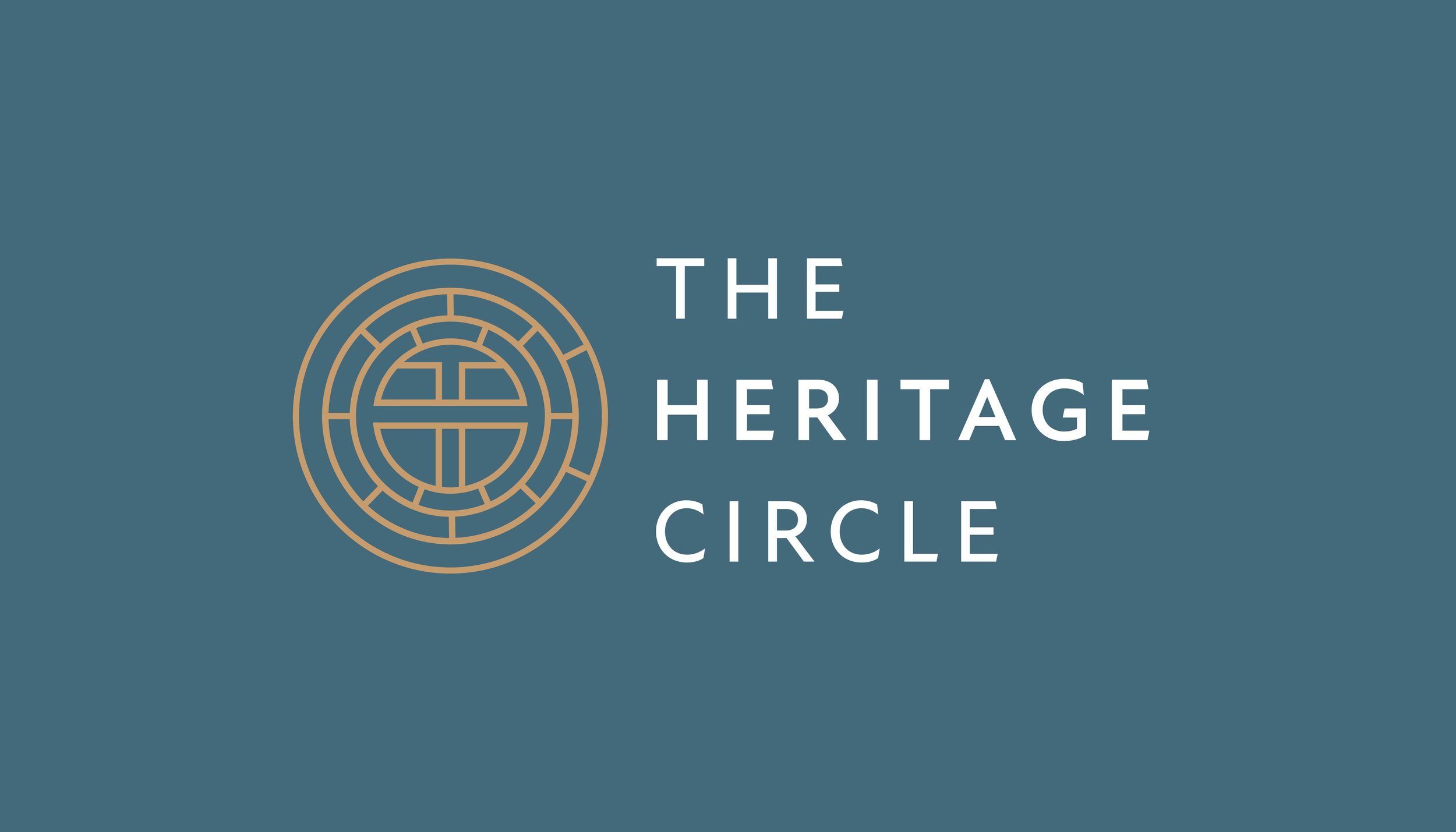 The image features a logo for The Heritage Circle with a circular maze design in gold on a teal background, and the organization's name written in white text.