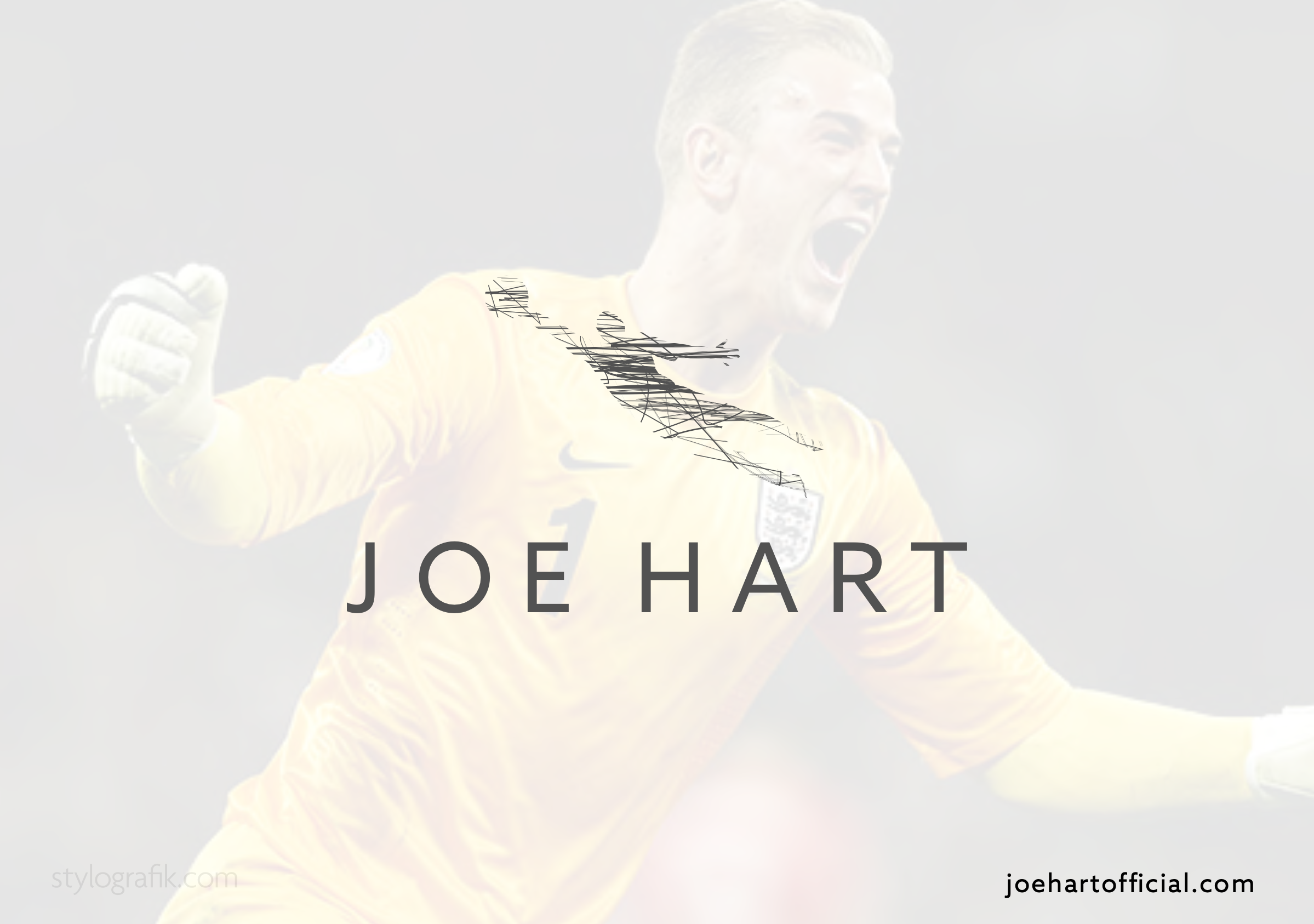 A digitally edited image of a man wearing a yellow football jersey, with his mouth open in a celebratory scream, fist clenched, and an overlaid outline of a bridge with scribbled lines. The text 'Joe Hart' and website 'joehartofficial.com' are visible at the bottom.
