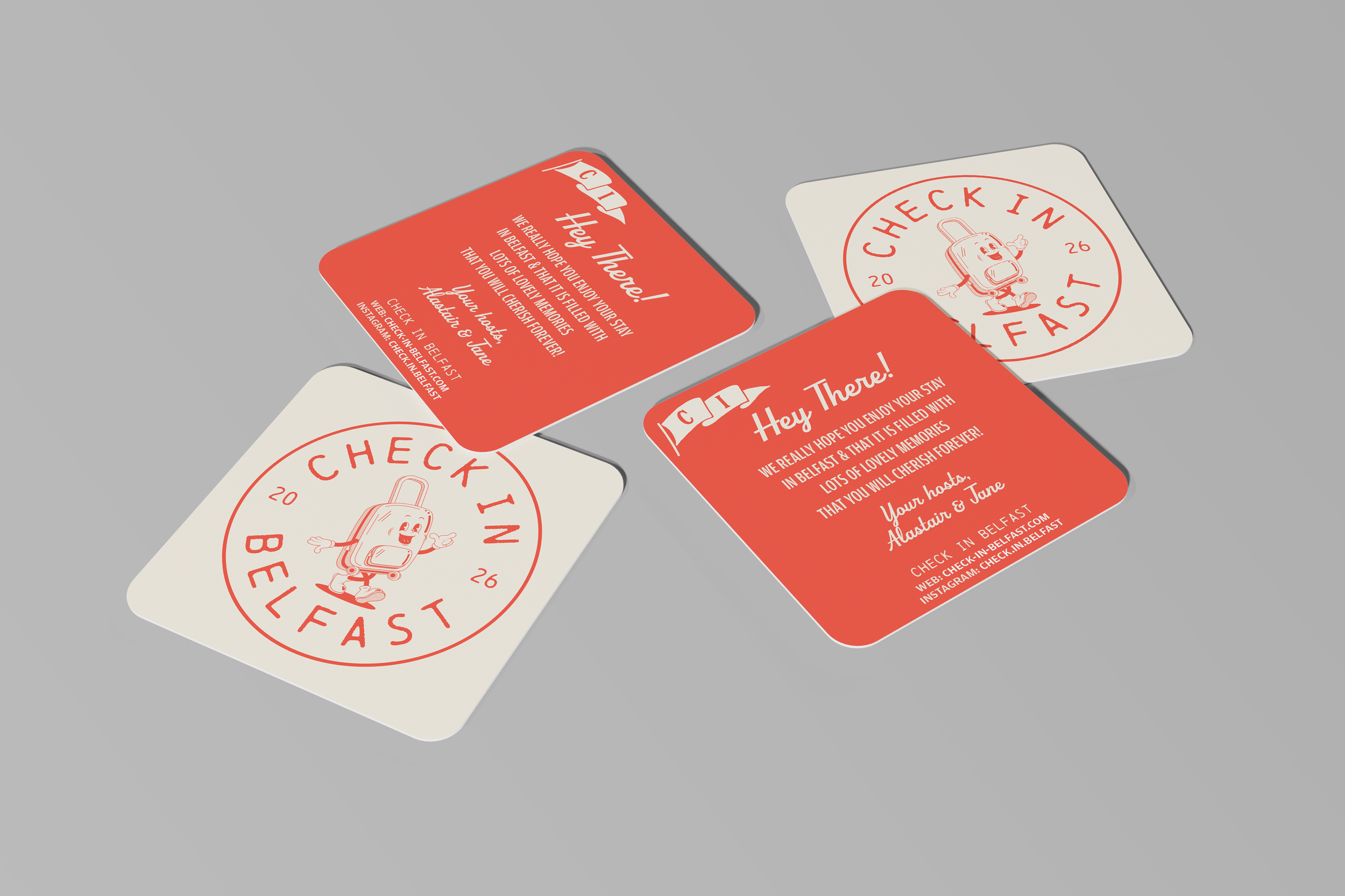 Three cards on a gray surface, two with a red background and one with a beige background, featuring check-in and thank you messages, and a cartoon backpack mascot.
