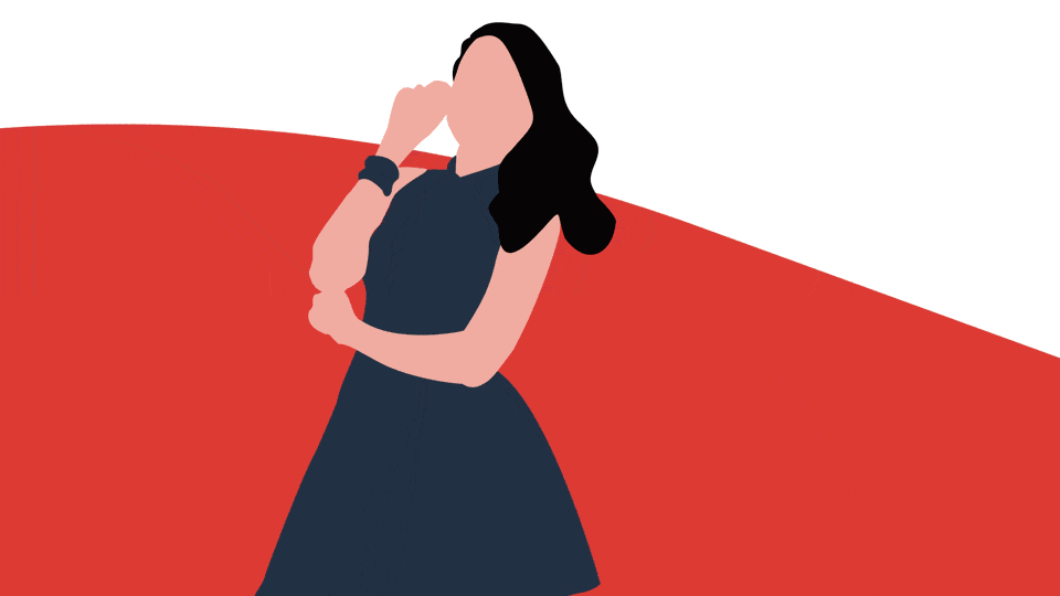 Digital illustration of a woman with long dark hair wearing a black dress, standing on a red and white background, with her head resting on her hand in a pensive pose.