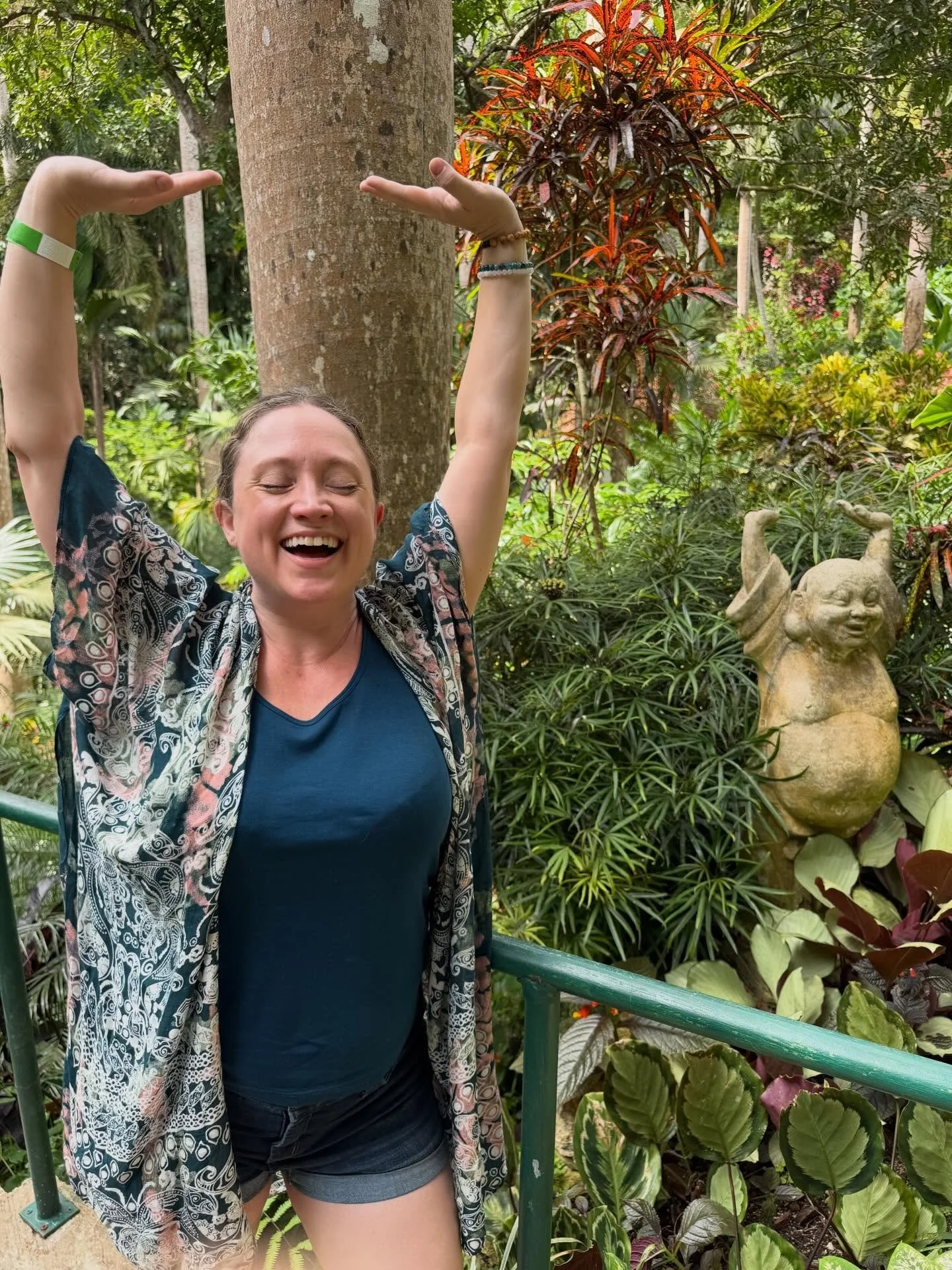 Stumbled upon this happy little buddha at Hunte&rsquo;s Gardens and had to honor in kind.

Sometimes the practice is throwing your arms up, laughing with a statue, and letting yourself embrace silliness in the middle of a tropical garden.

The sacred