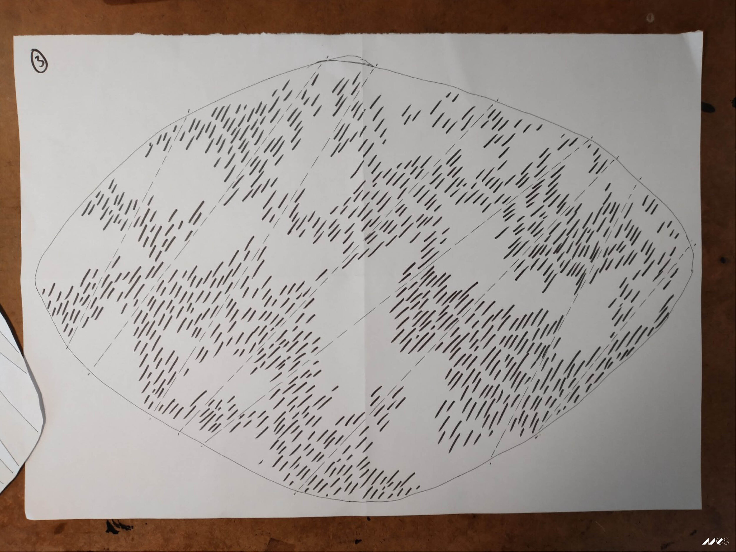 MOS NEBULAE Shape No4 - to size scale drawing with pattern indicating potential cuts