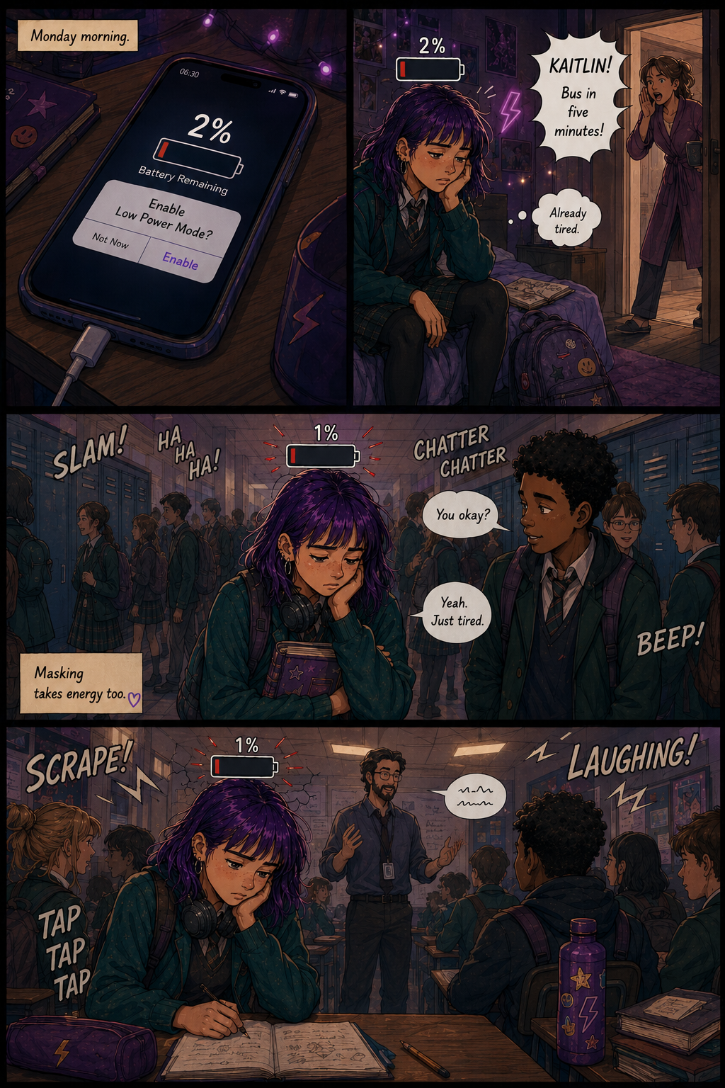  Comic page showing Kaitlin starting the school day exhausted. Her phone battery is on 2% as she wakes up tired in her bedroom. At school, crowded corridors and loud classrooms overwhelm her while a battery icon above her head drops to 1%. Malik asks