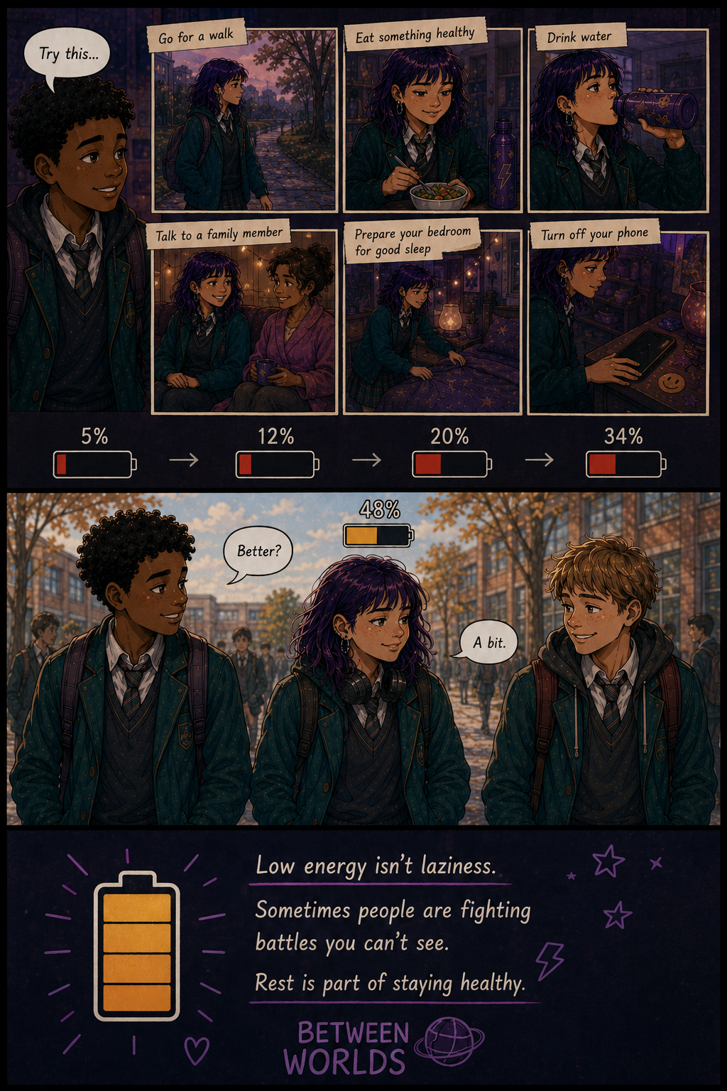  Comic page showing Kaitlin slowly recharging through self-care and support. Malik suggests healthy coping strategies including walking, eating well, drinking water, talking to family, preparing for sleep, and turning off her phone. Her battery level