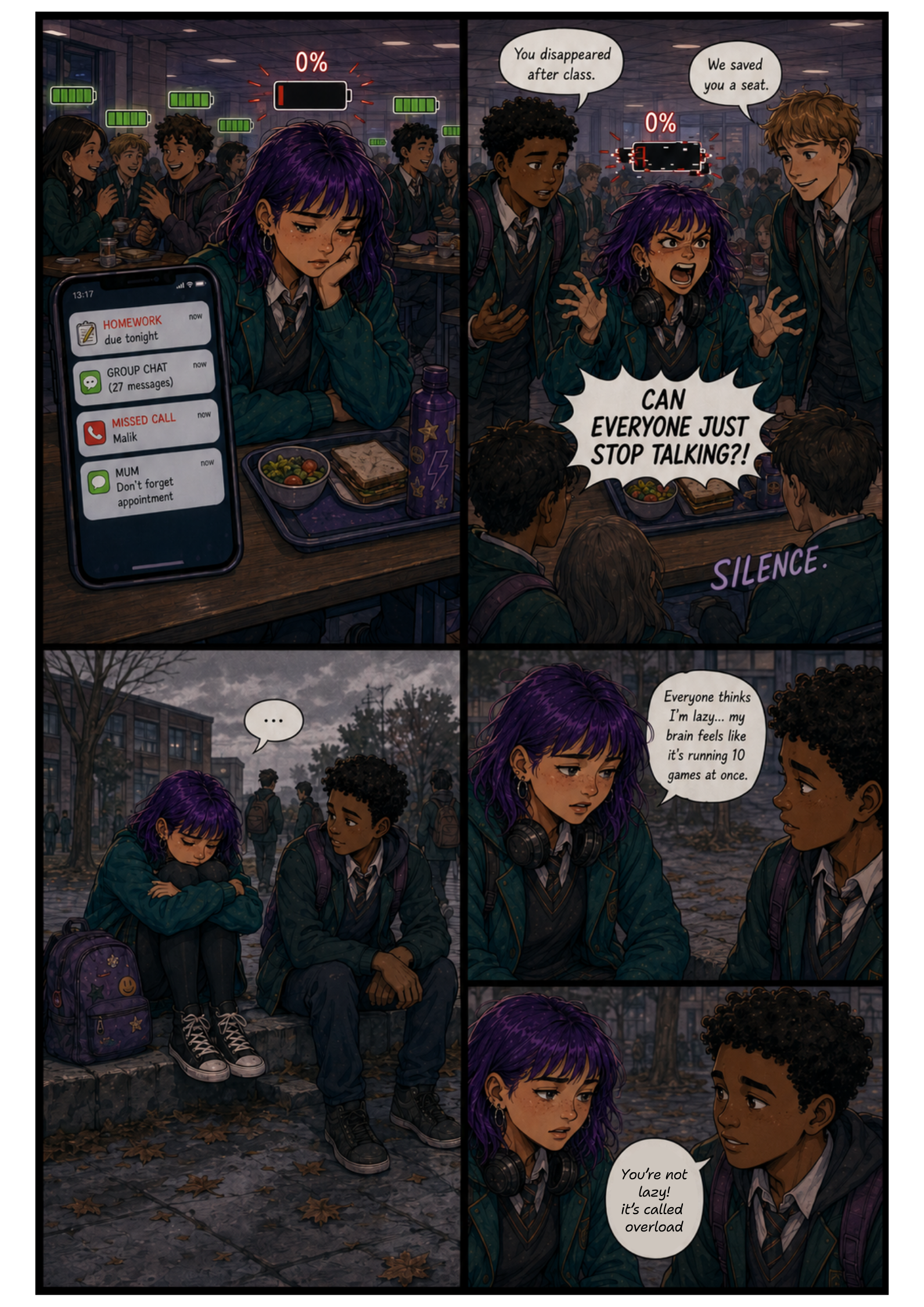  Comic page showing Kaitlin reaching emotional overload at school. In the lunch hall, everyone else appears fully charged while Kaitlin’s battery reaches 0% as notifications flood her phone. She shouts at her friends before sitting outside feeling up