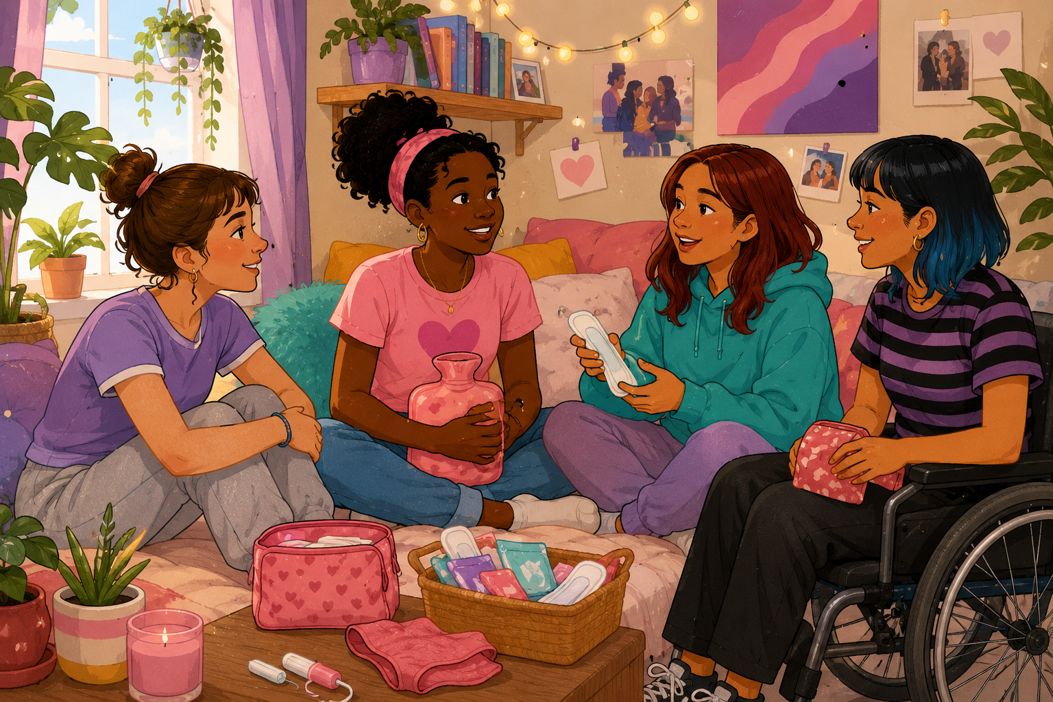 girls talking with different period products