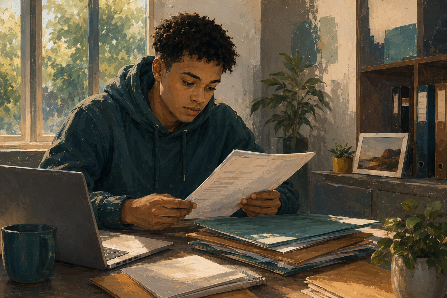 young man reading records