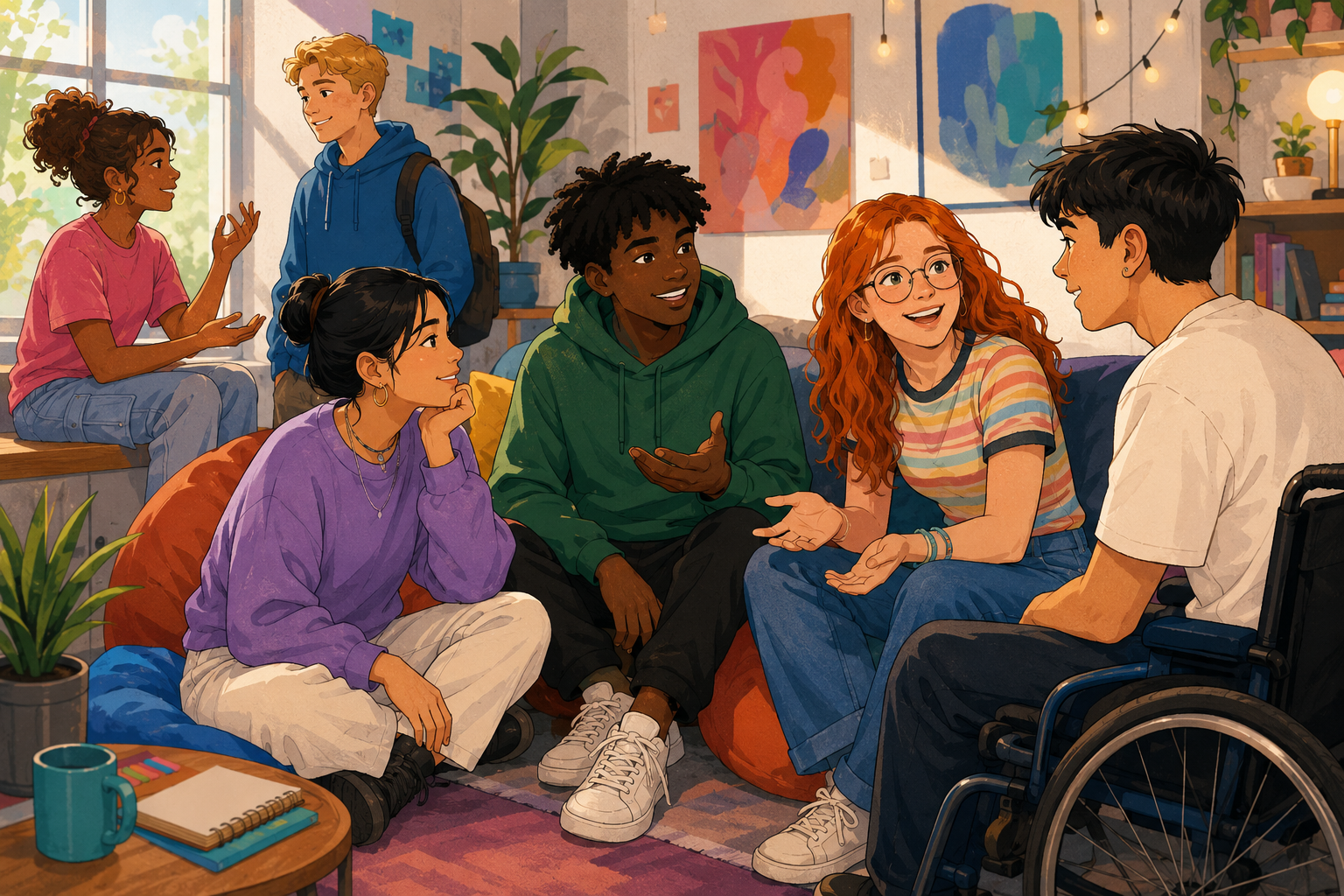 a group of friends hanging out talking to each other 