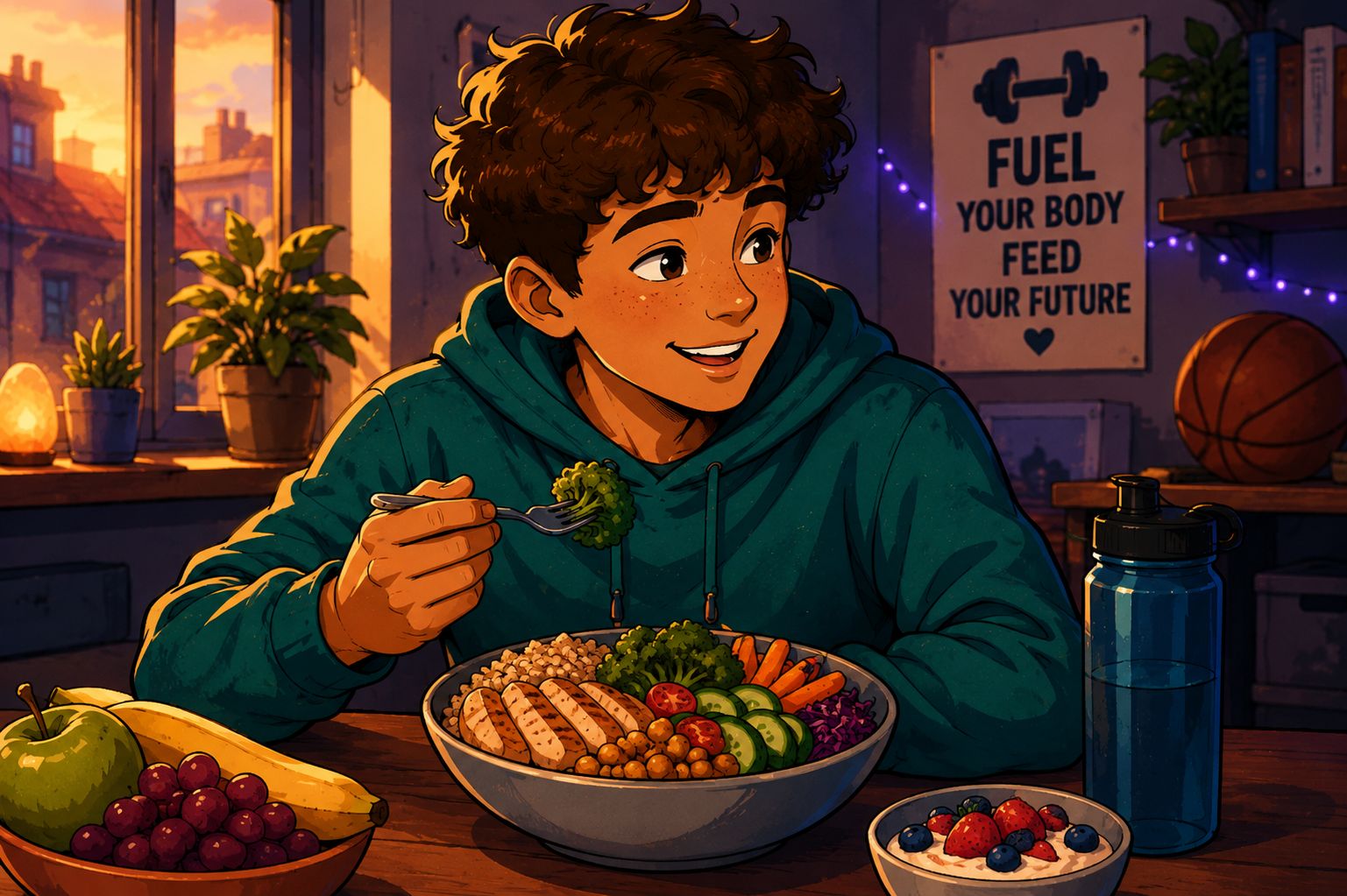 comic art young boy eating a heatlhy meal