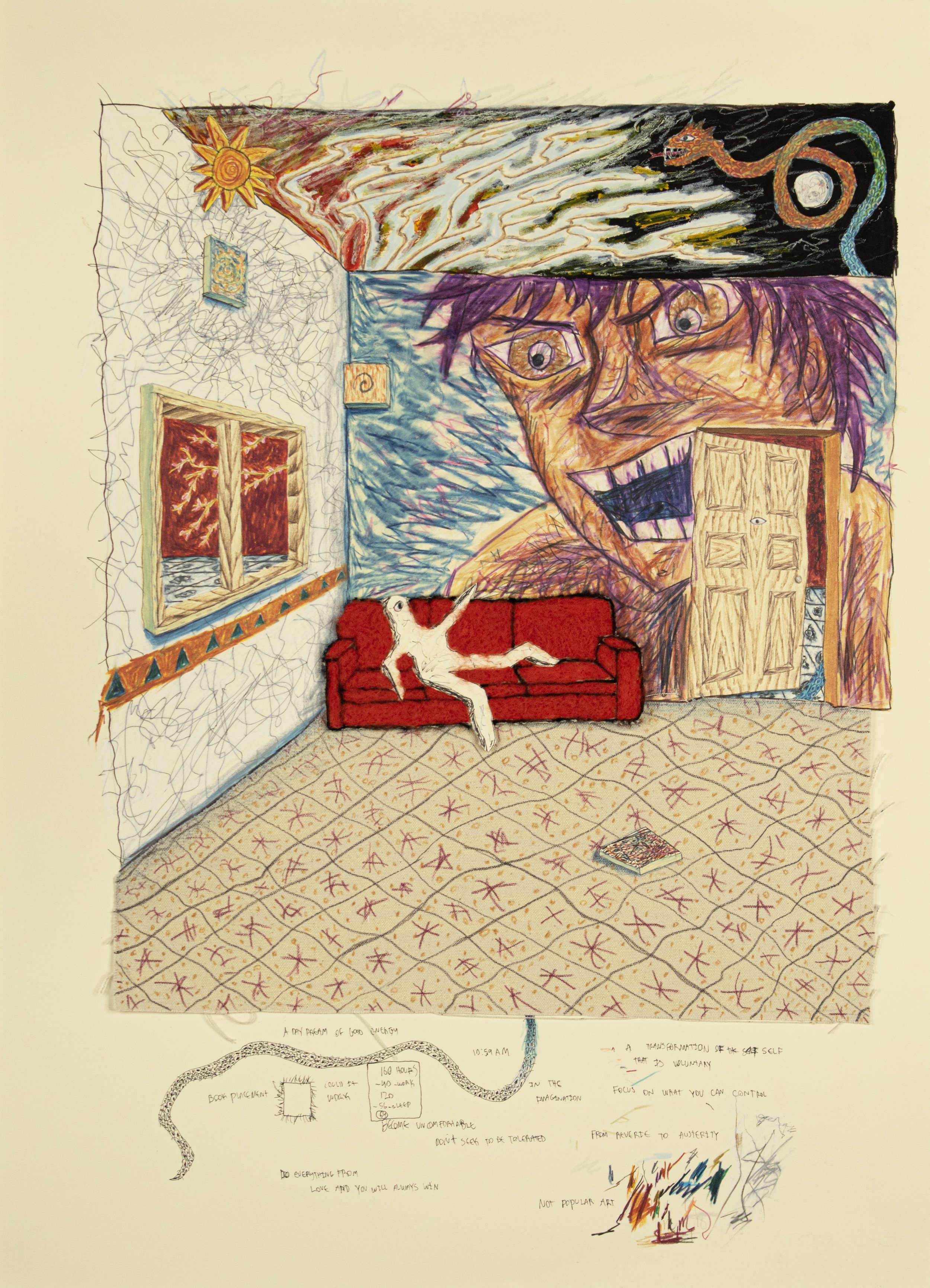 "Vamos!!!" 2025, Colored pencil, canvas, gouache, felting, and collage on paper, 26 x 19 in/ 66 x 48 cm