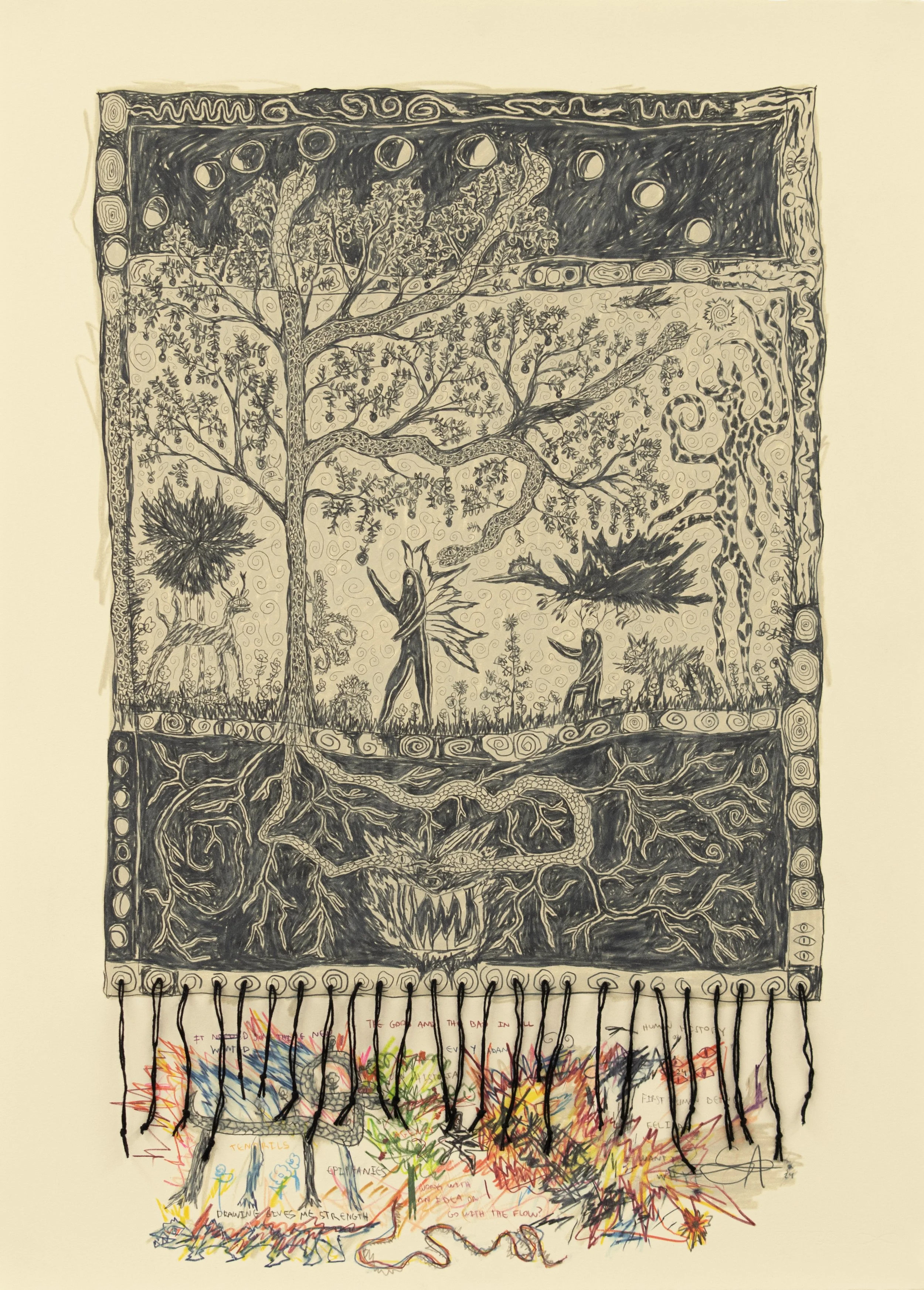 "Eve & Adam" 2025, Colored pencil and thread on paper 26 x 19 in/ 66 x 48 cm