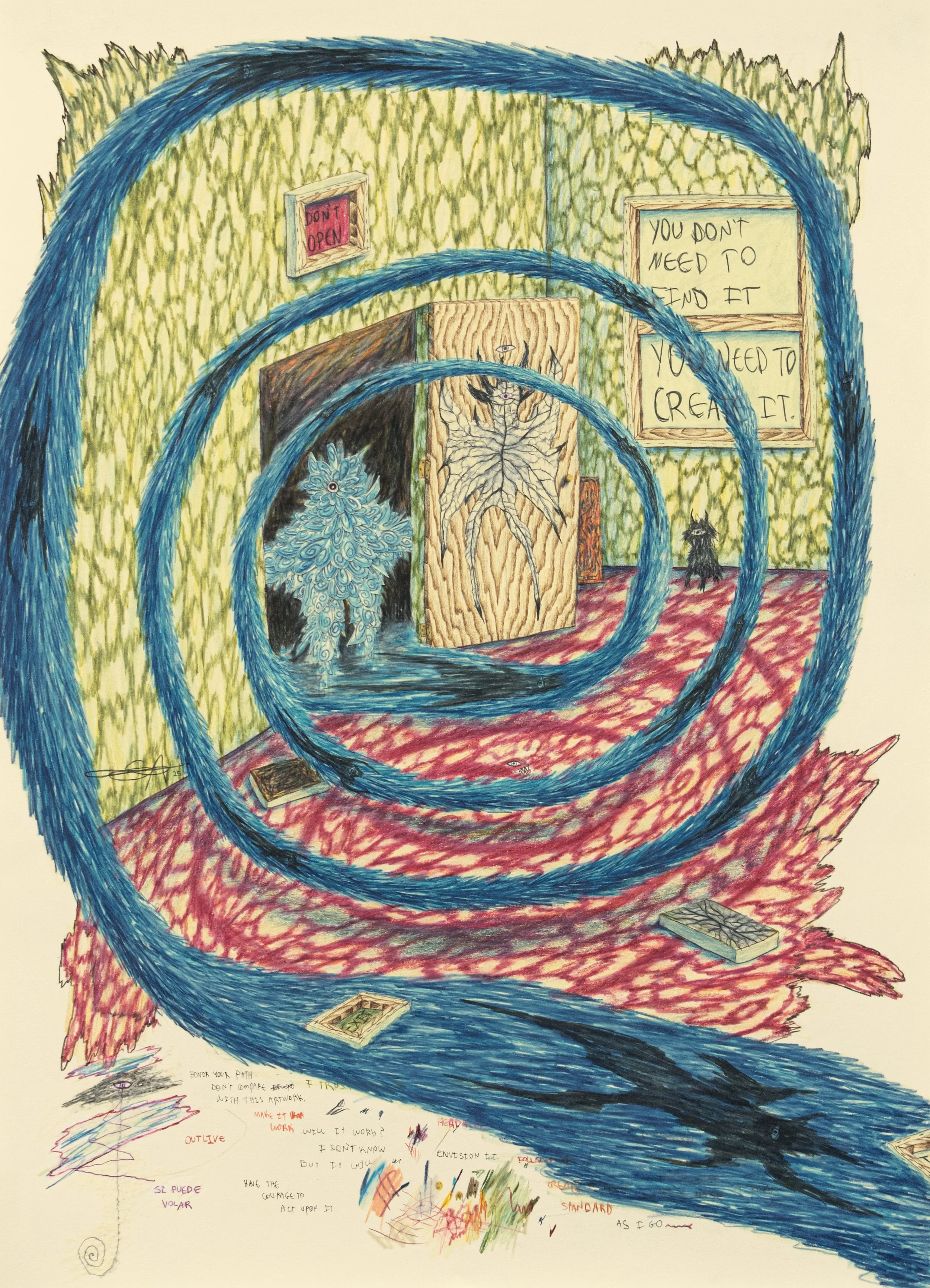 "What Will Happen" 2025, Colored pencil and collage on paper, 26 x 19 in/ 66 x 48 cm