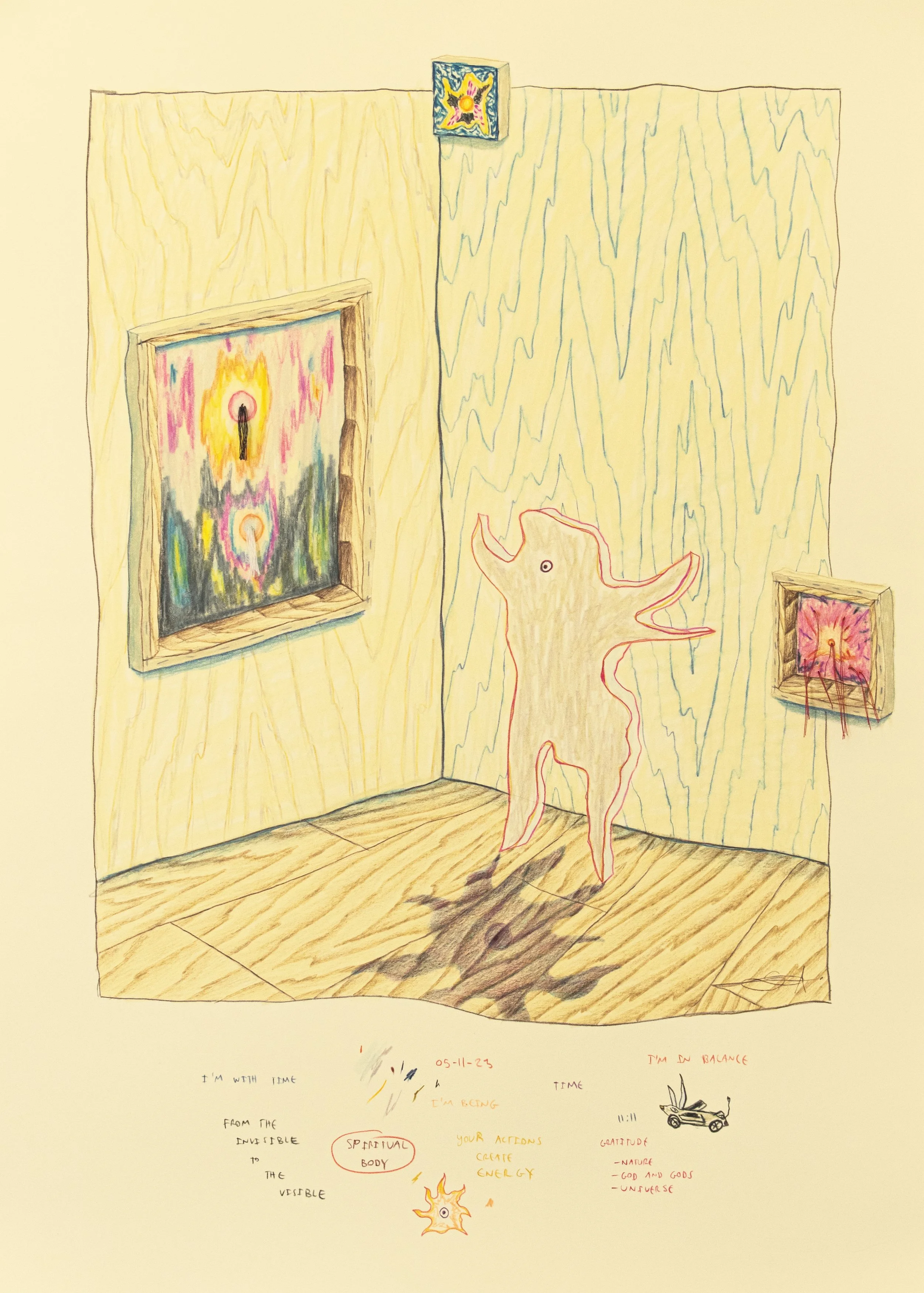 "There Is No Right Time. Be and Do"
2023, Colored pencil and collage on paper, 26 x 19 in/ 66 x 48 cm