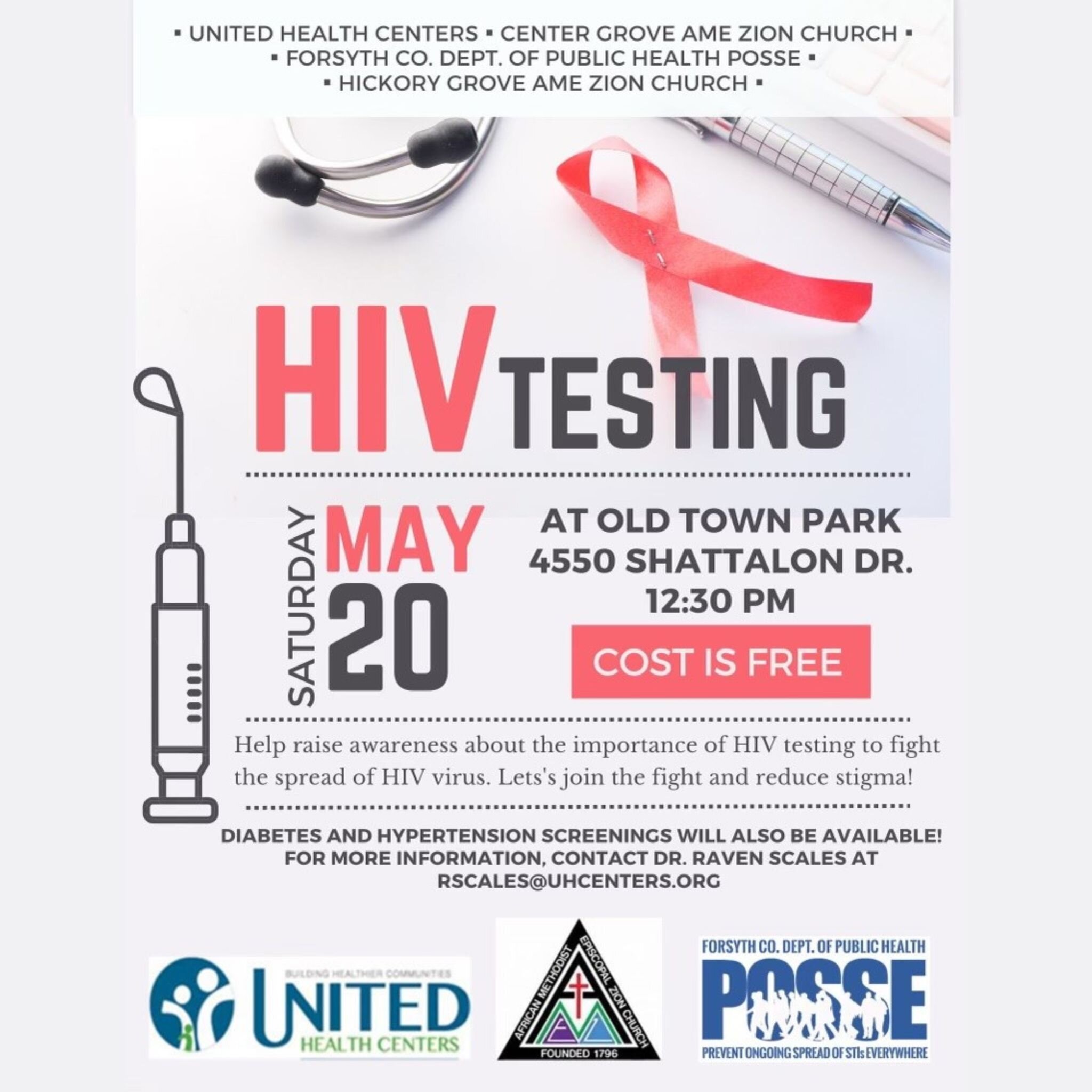 This Saturday United Health Centers, Center Grove AME Zion Church, POSSE Health, and Hickory Grove AME Zion Church is hosting a free HIV Testing Event at 12:30 PM at 4550 Shattalon Dr. This is a free testing! Show up and know your status!