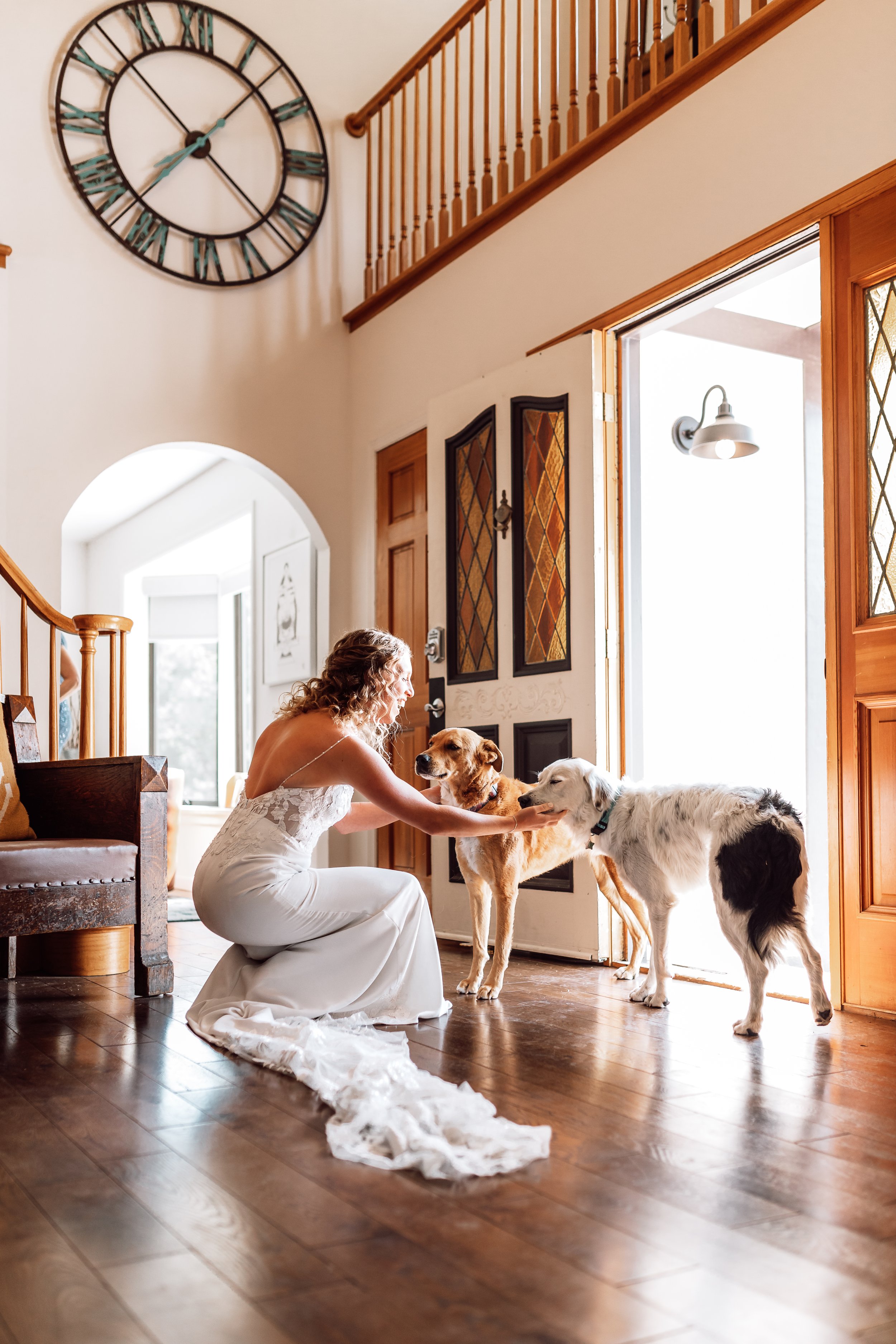 Bride petting her dogs before she goes down the aisle. Blue Coyote Ranch, Salida, CO.