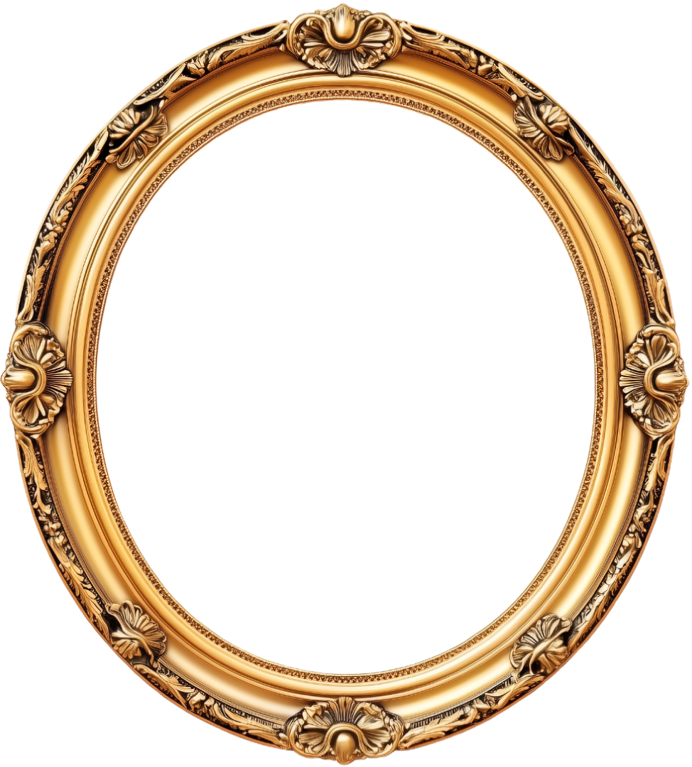 An ornate, gold-colored oval picture frame with intricate floral and leaf designs.