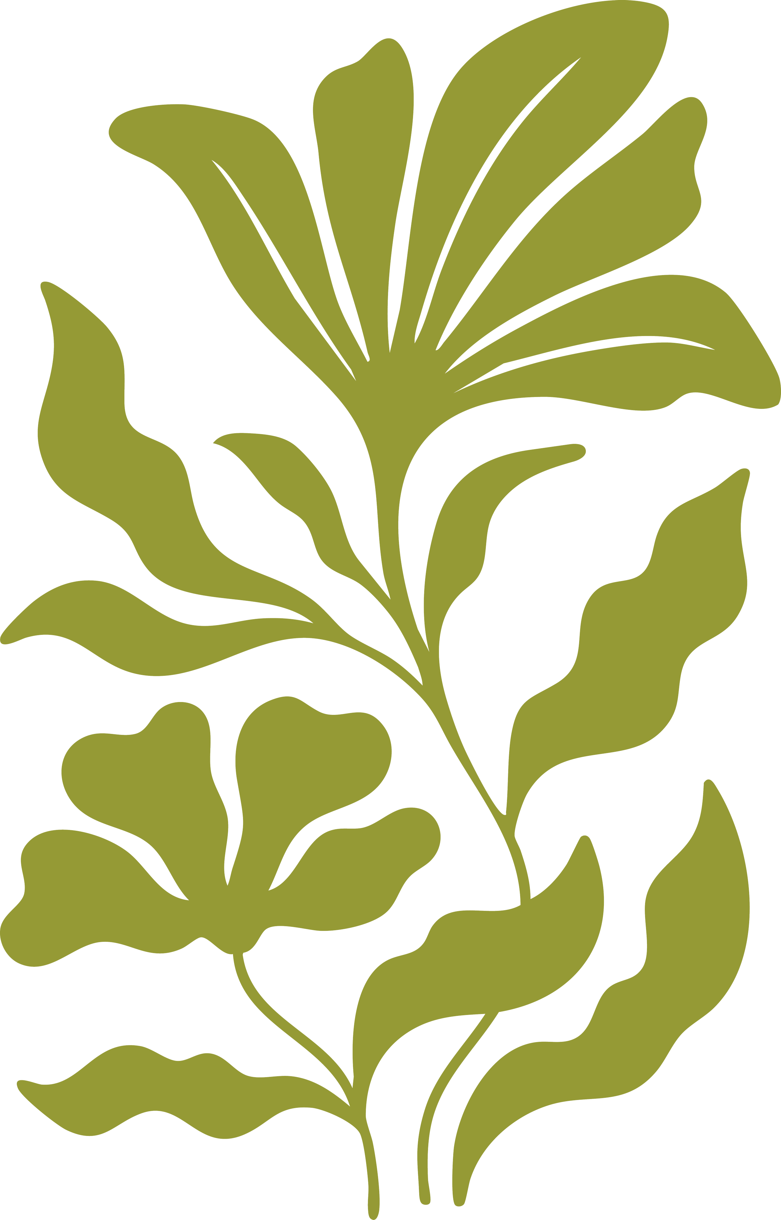 Stylized illustration of green leaves and foliage.